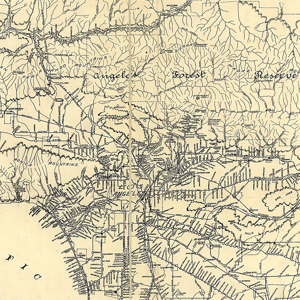 This old map of Map of Los Angeles County : Electric, Steam Railway Lines, and Mountain Guide and Also Portion of Orange County from 1912 was created by T. Newman in 1912