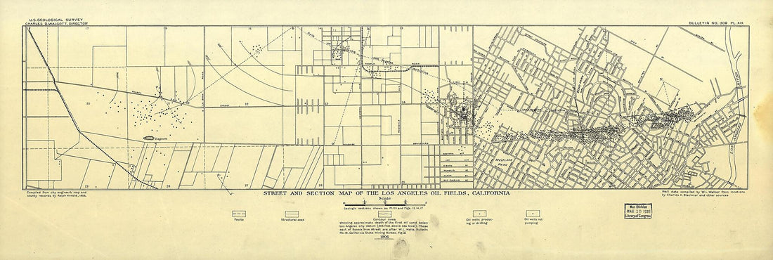 This old map of Street and Section Map of the Los Angeles Oil Fields, California from 1906 was created by A. Hoen & Co, Ralph Arnold in 1906