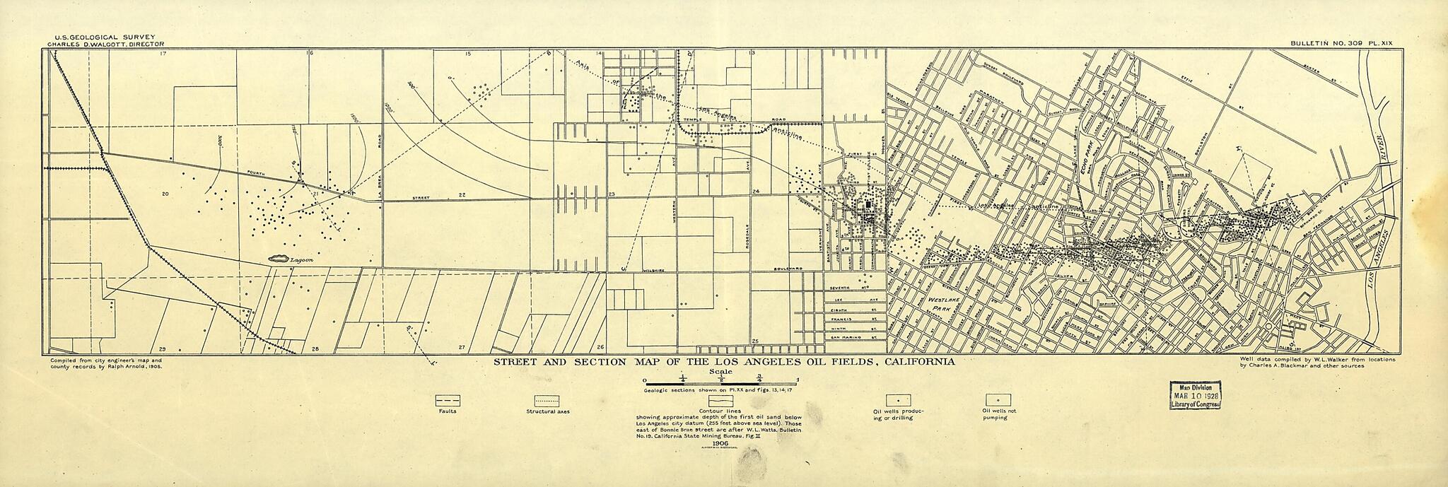 This old map of Street and Section Map of the Los Angeles Oil Fields, California from 1906 was created by A. Hoen & Co, Ralph Arnold in 1906