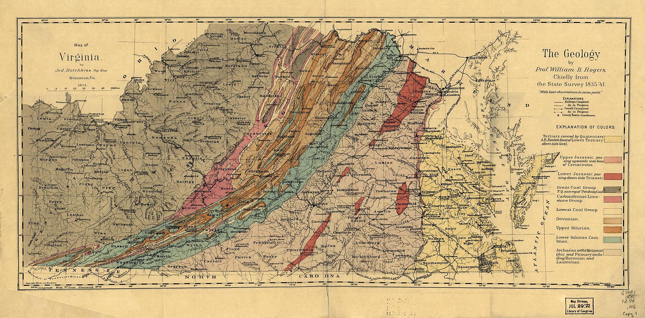 This old map of Map of Virginia from 1874 was created by A. Hoen & Co, Jedediah Hotchkiss in 1874