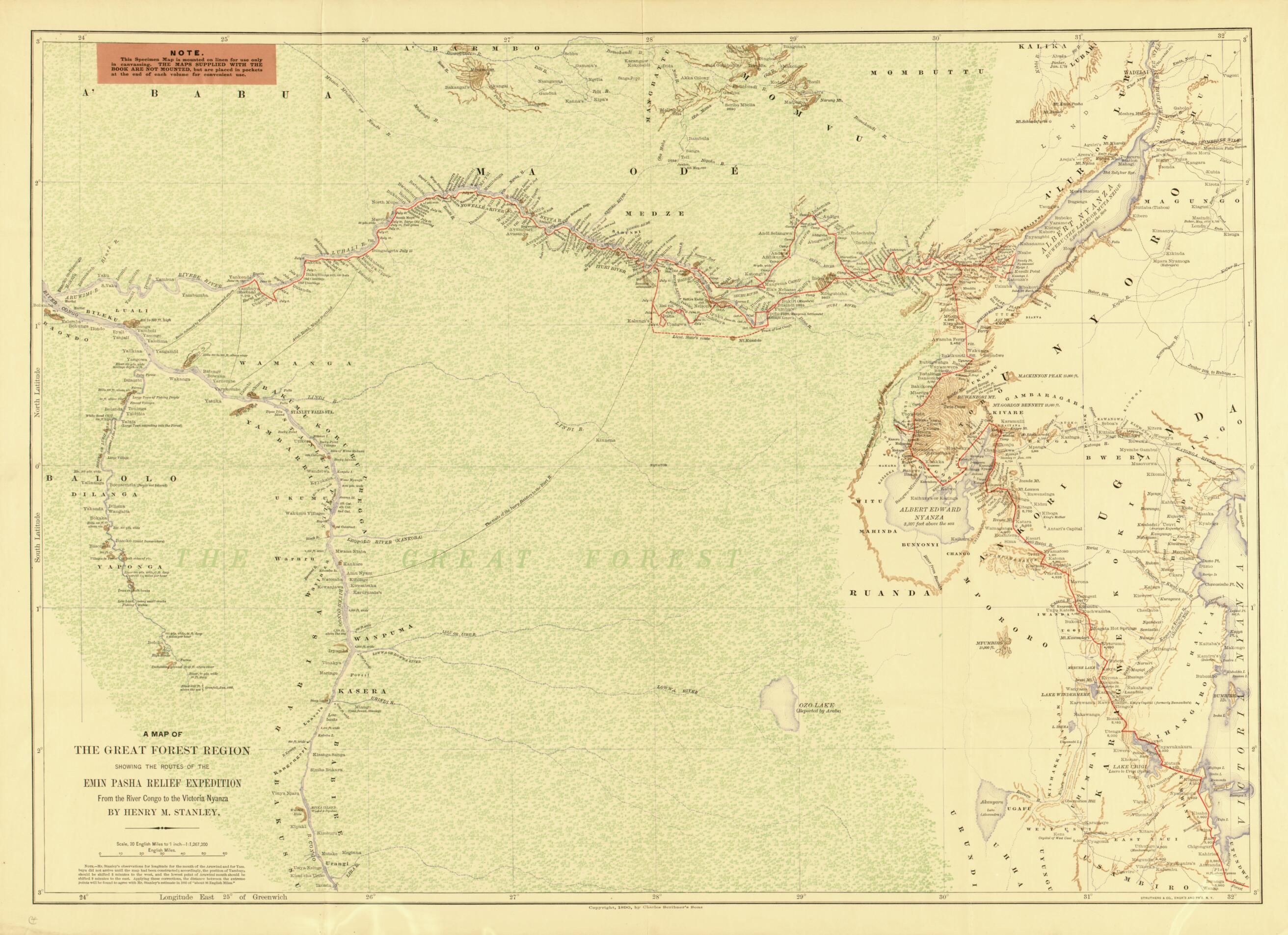 This old map of A Map of the Great Forest Region : Showing Routes of the Emin Pasha Relief Expedition, from the River Congo to the Victoria Nyanza from 1890 was created by Henry M. (Henry Morton) Stanley in 1890