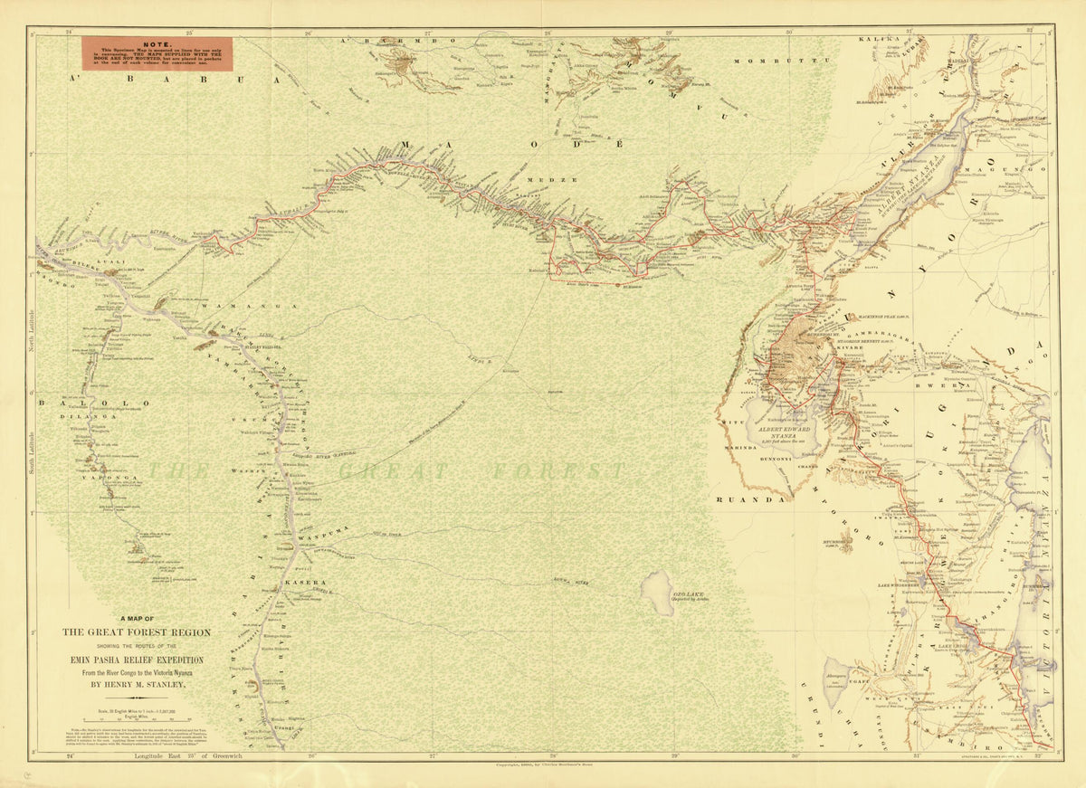 A Map of the Great Forest Region : Showing Routes of the Emin Pasha Relief Expedition, from the River Congo to the Victoria Nyanza 1890 by Relic Map Company
