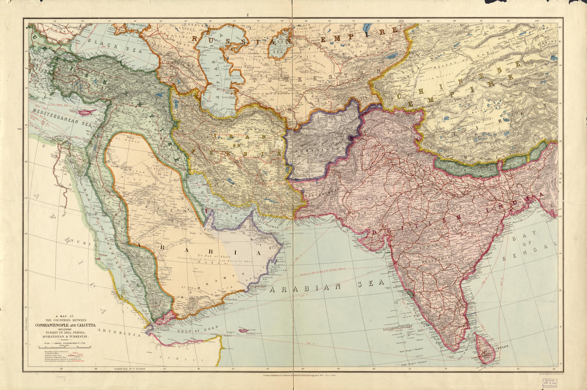 A Map of the Countries Between Constantinople and Calcutta : Including Turkey In Asia, Persia, Afghanistan and Turkestan 1912 by Relic Map Company