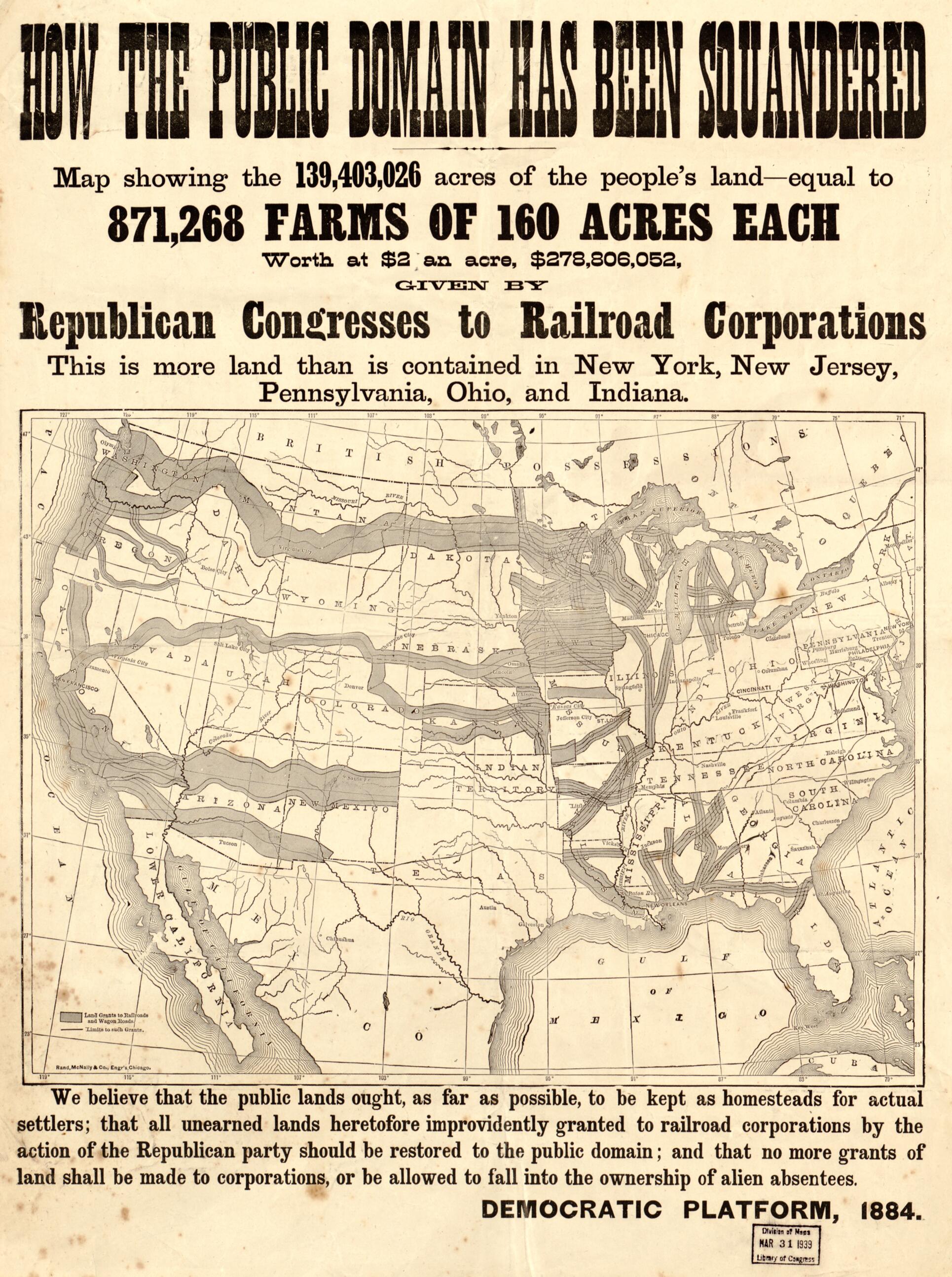 Equal to 871,268 Farms of 160 Acres Each, Worth at $2 an Acre, $278,806,052, Given by Republican Congresses to Railroad Corporations 1884 by Relic Map Company
