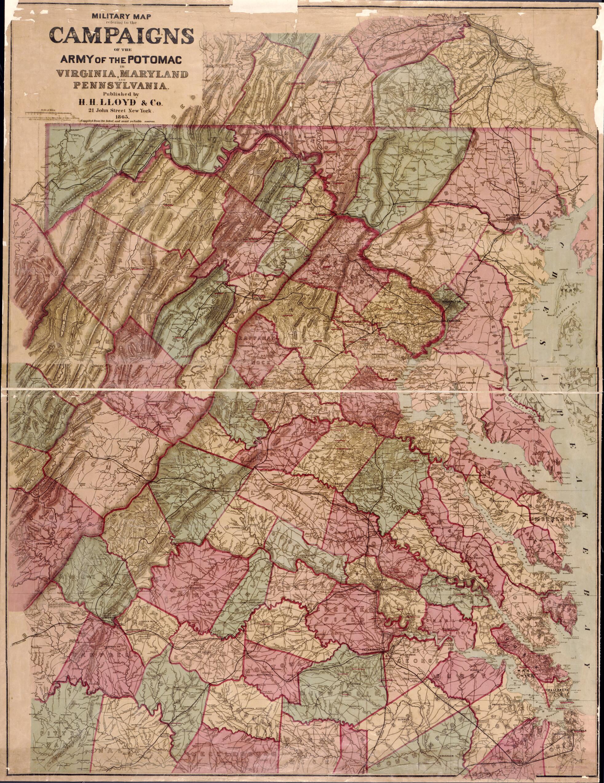 This old map of Military Map Refering sic to the Campaigns of the Army of the Potomac In Virginia, Maryland and Pennsylvania from 1865 was created by H.H. Lloyd & Co in 1865