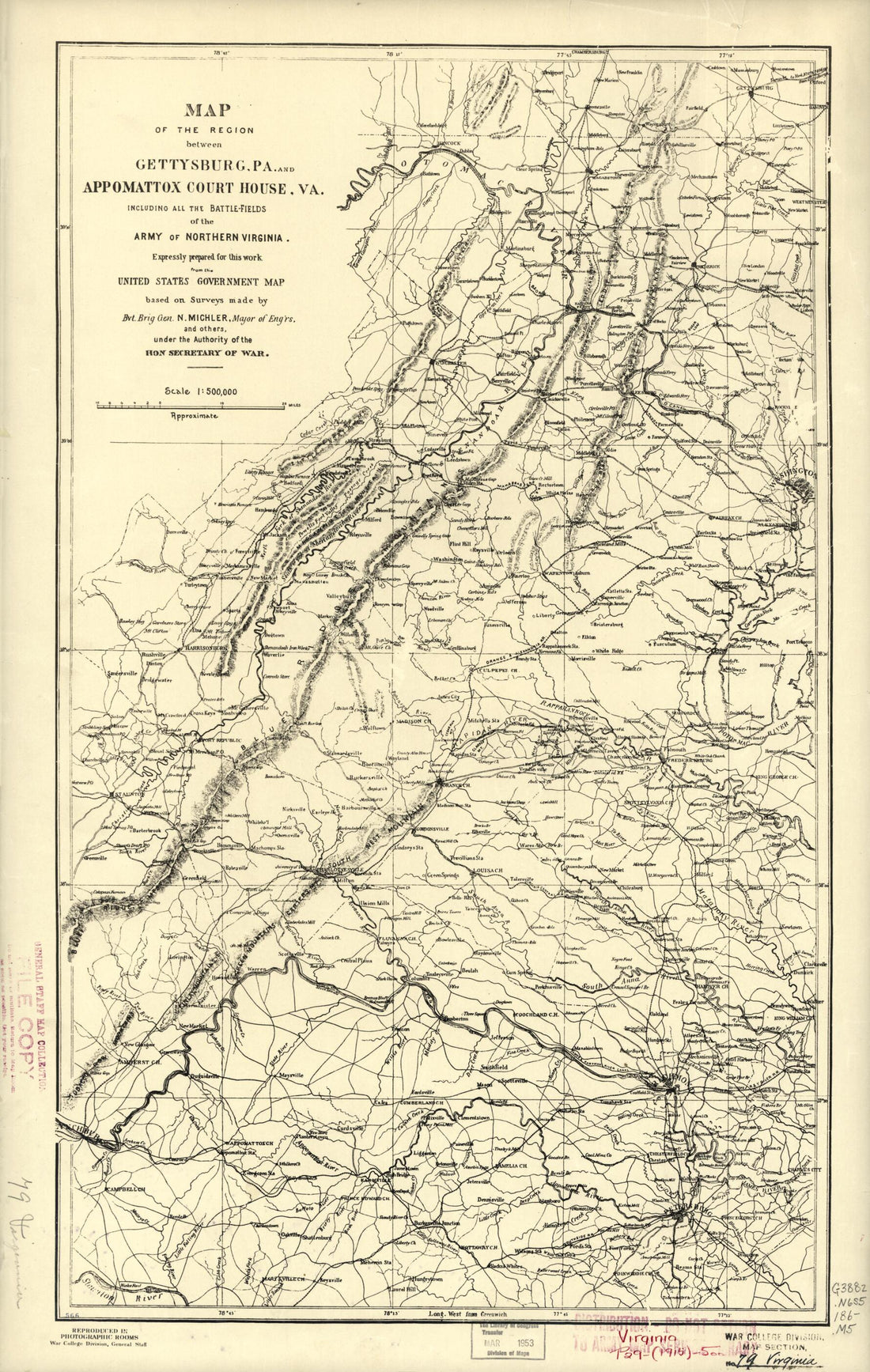 This old map of Fields sic of the Army of Northern Virginia from 1860 was created by N. (Nathaniel) Michler in 1860