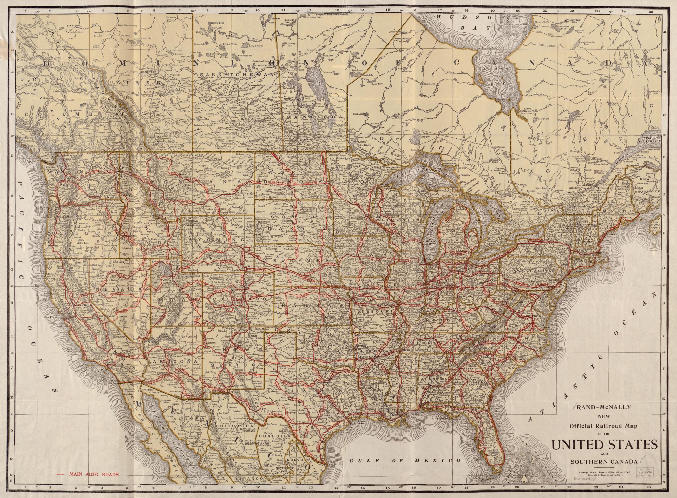 This old map of Rand McNally New Official Railroad Map of the United States and Southern Canada from 1920 was created by Rand McNally and Company in 1920