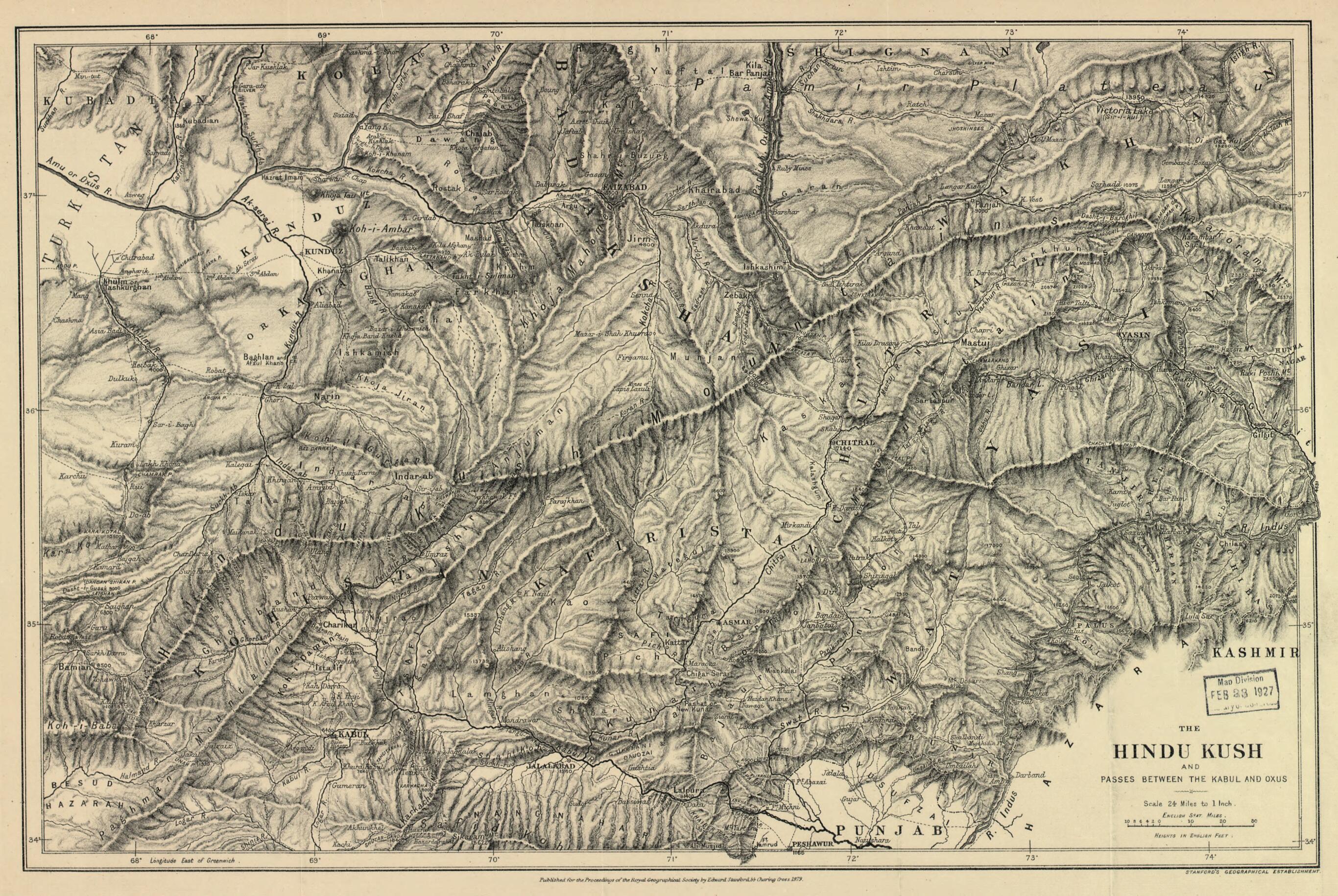 This old map of The Hindu Kush and Passes Between the Kabul and Oxus from 1879 was created by Royal Geographical Society (Great Britain) in 1879