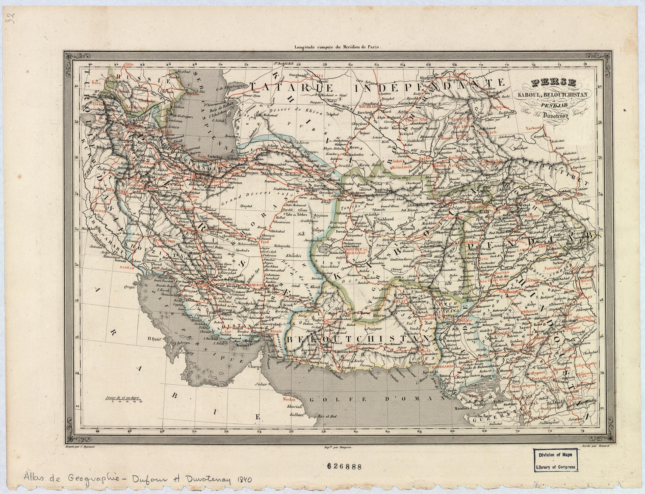 This old map of Perse, Kaboul, Beloutchistan Et Pendjab from 1840 was created by Th. (Thunot) Duvotenay in 1840