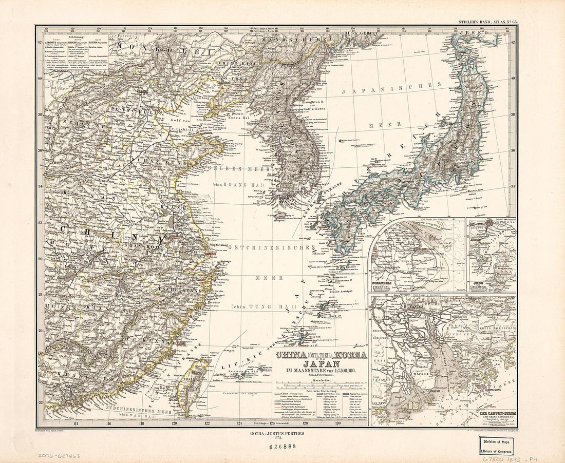 This old map of China (östl. Theil), Korea Und Japan Im Massstabe Von 1:7.500.000 (China (östlicheTheil), Korea Und Japan Im Massstab Von1:7.500.000) from 1873 was created by E. (Ernst) Debes, A. (August) Petermann in 1873