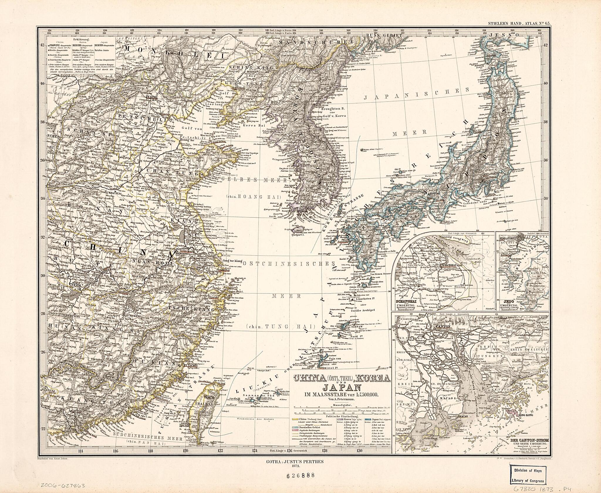 This old map of China (östl. Theil), Korea Und Japan Im Massstabe Von 1:7.500.000 (China (östlicheTheil), Korea Und Japan Im Massstab Von1:7.500.000) from 1873 was created by E. (Ernst) Debes, A. (August) Petermann in 1873