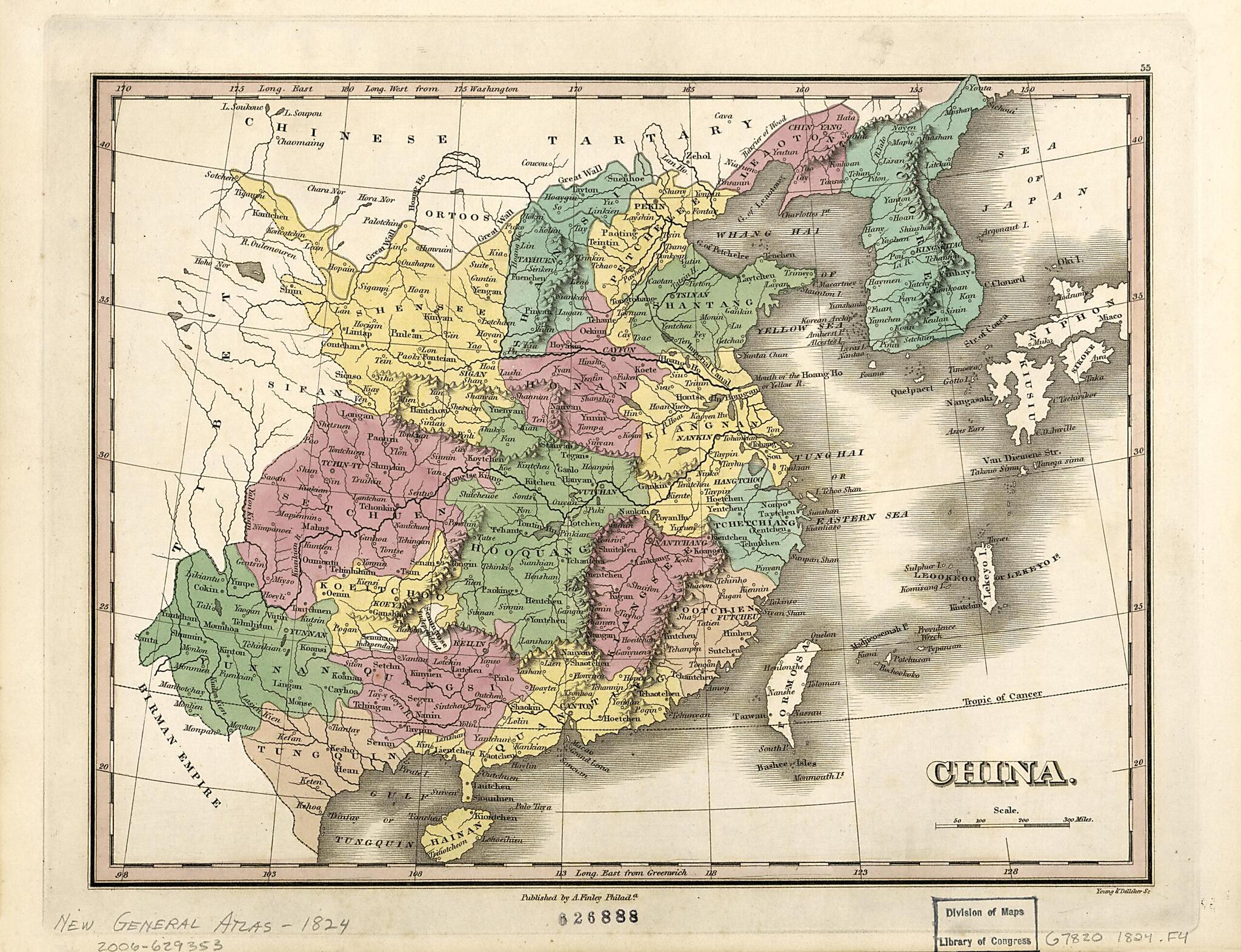 This old map of China from 1824 was created by A. (Anthony) Finley, Young & Delleker in 1824