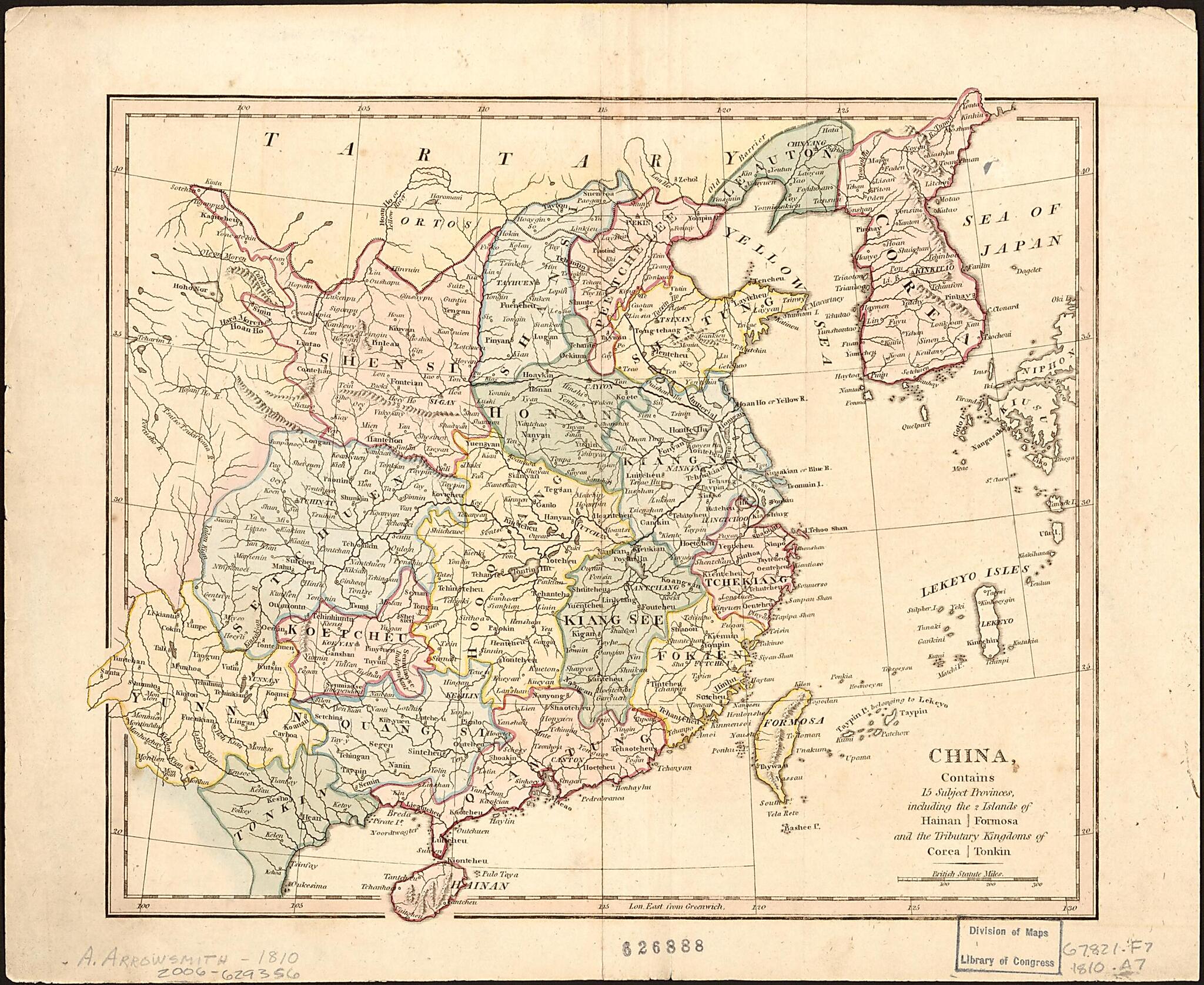 This old map of China, Contains 15 Subject Provinces, Including the Islands of Hainan, Formosa, and the Tributary Kingdoms of Corea, Tonkin. (China, Contains Fifteen Subject Provinces, Including the Islands of Hainan, Formosa, and the Tributary Kingdoms