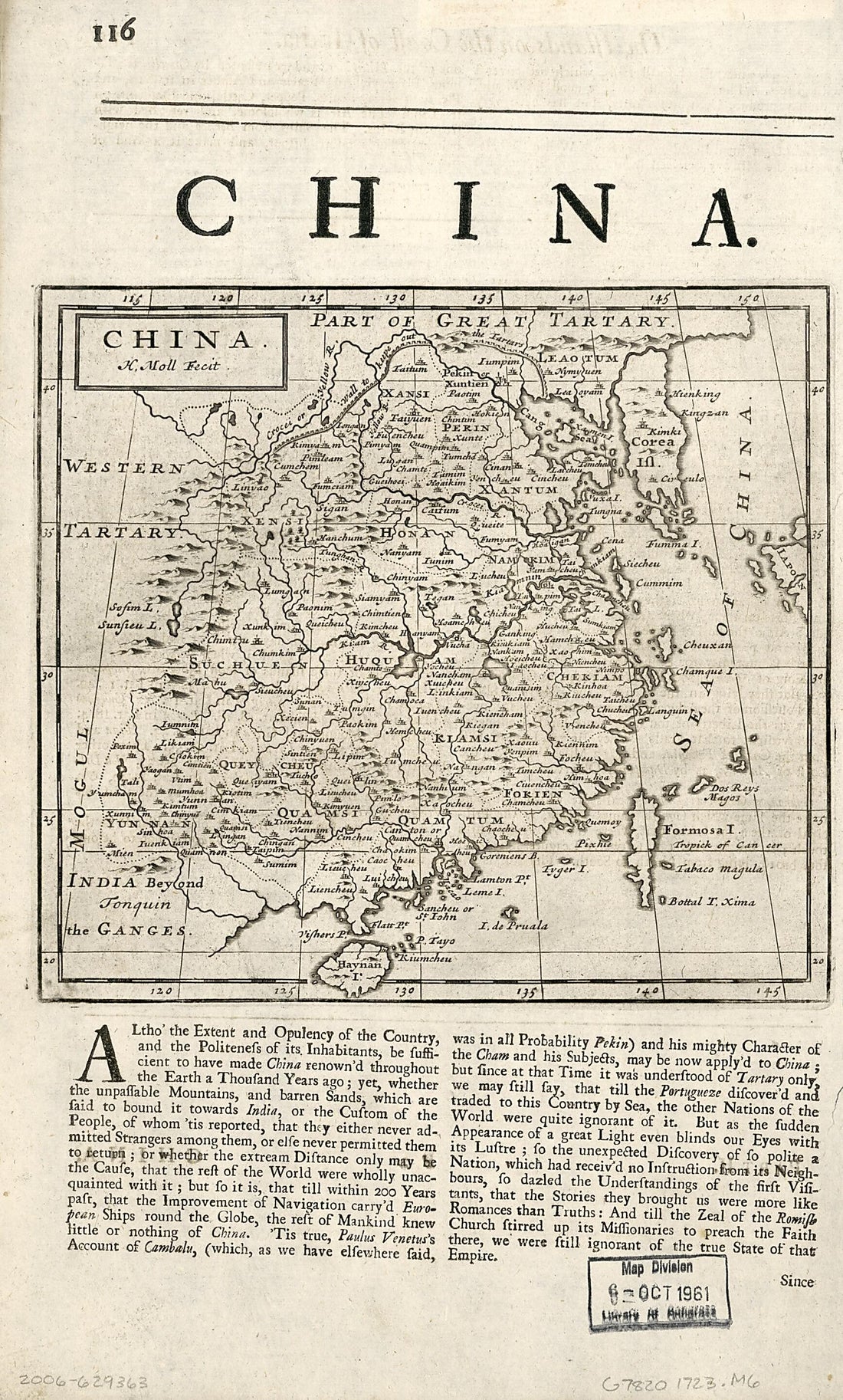 This old map of China from 1723 was created by Herman Moll in 1723