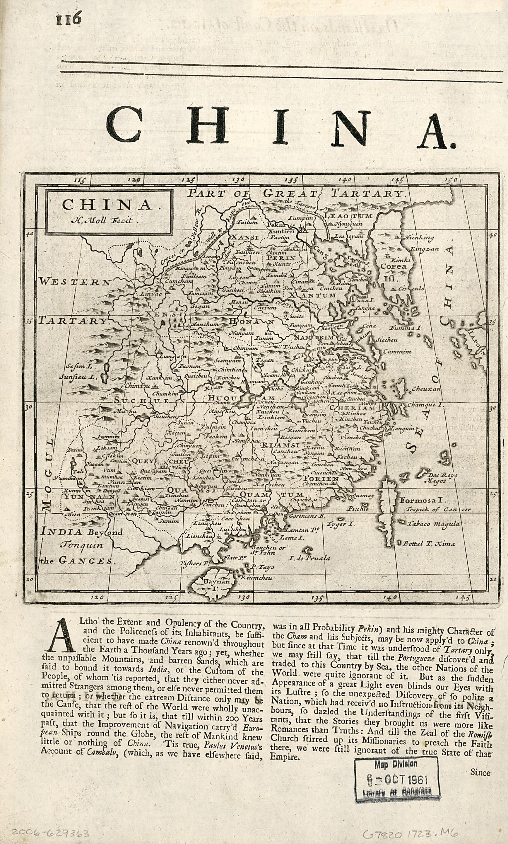 This old map of China from 1723 was created by Herman Moll in 1723