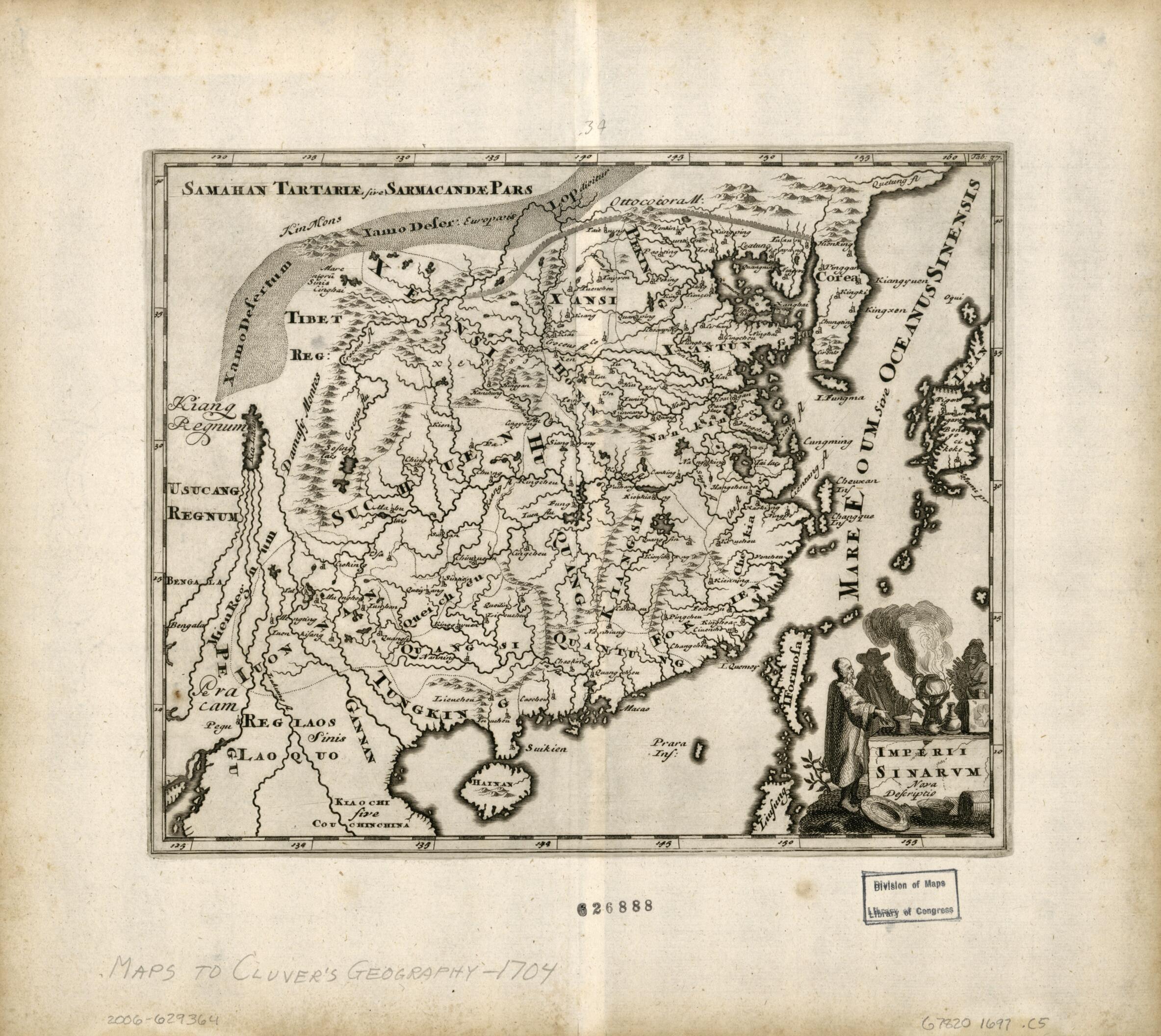 This old map of Imperii Sinarum Nova Descriptio from 1697 was created by Philipp Clüver in 1697