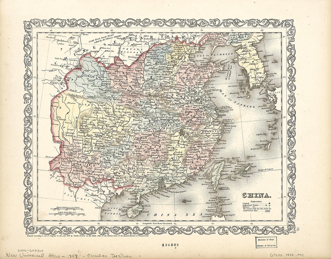 This old map of China from 1858 was created by Charles Desilver, S. Augustus (Samuel Augustus) Mitchell in 1858