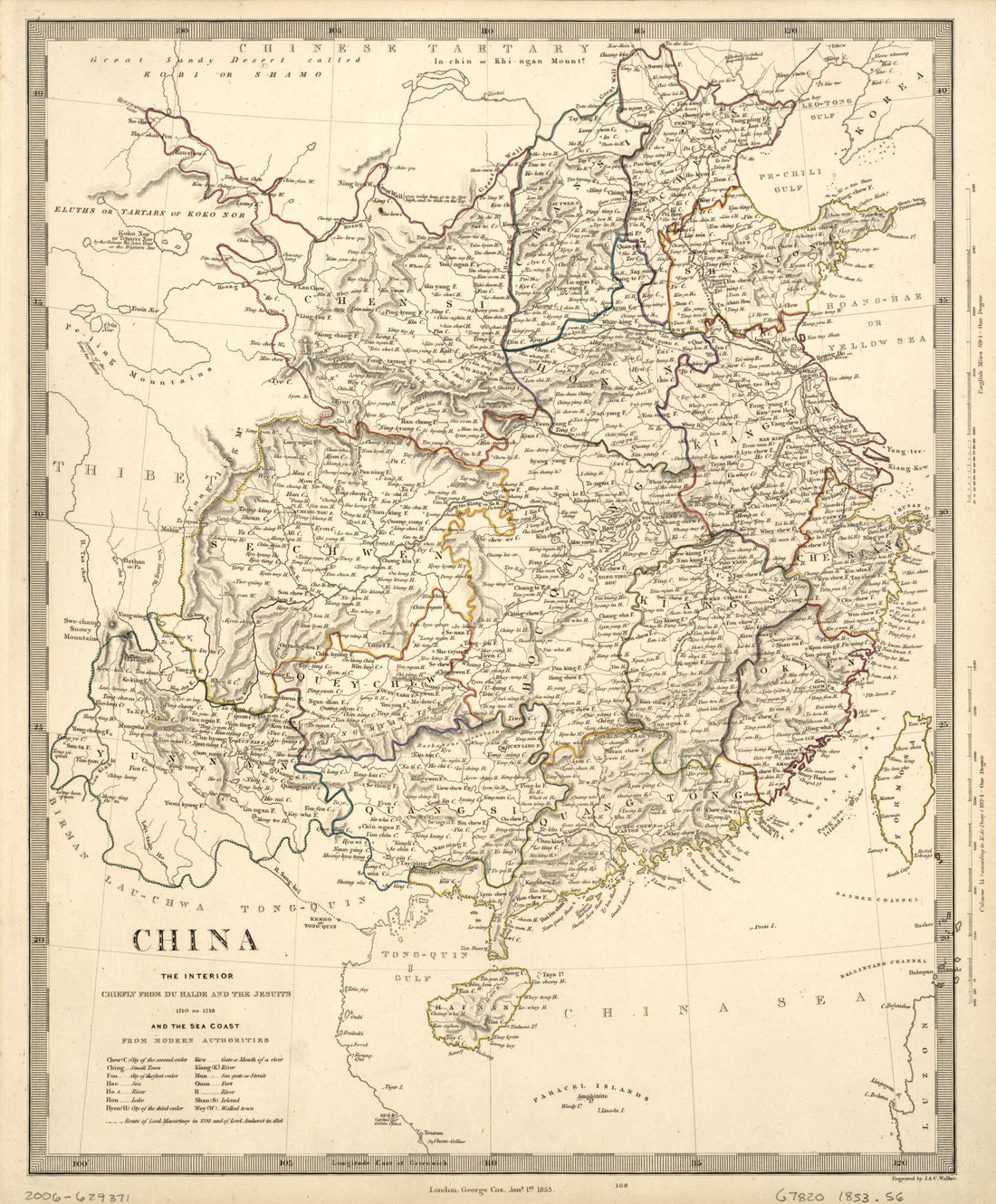 This old map of China : the Interior, Chiefly from Du Halde and the Jesuits 1710 to 1718, and the Sea Coast from Modern Authorities from 1853 was created by B. (Jean-Baptiste), J. & C. Walker (Firm), Society for the Diffusion of Useful Knowledge (Grea