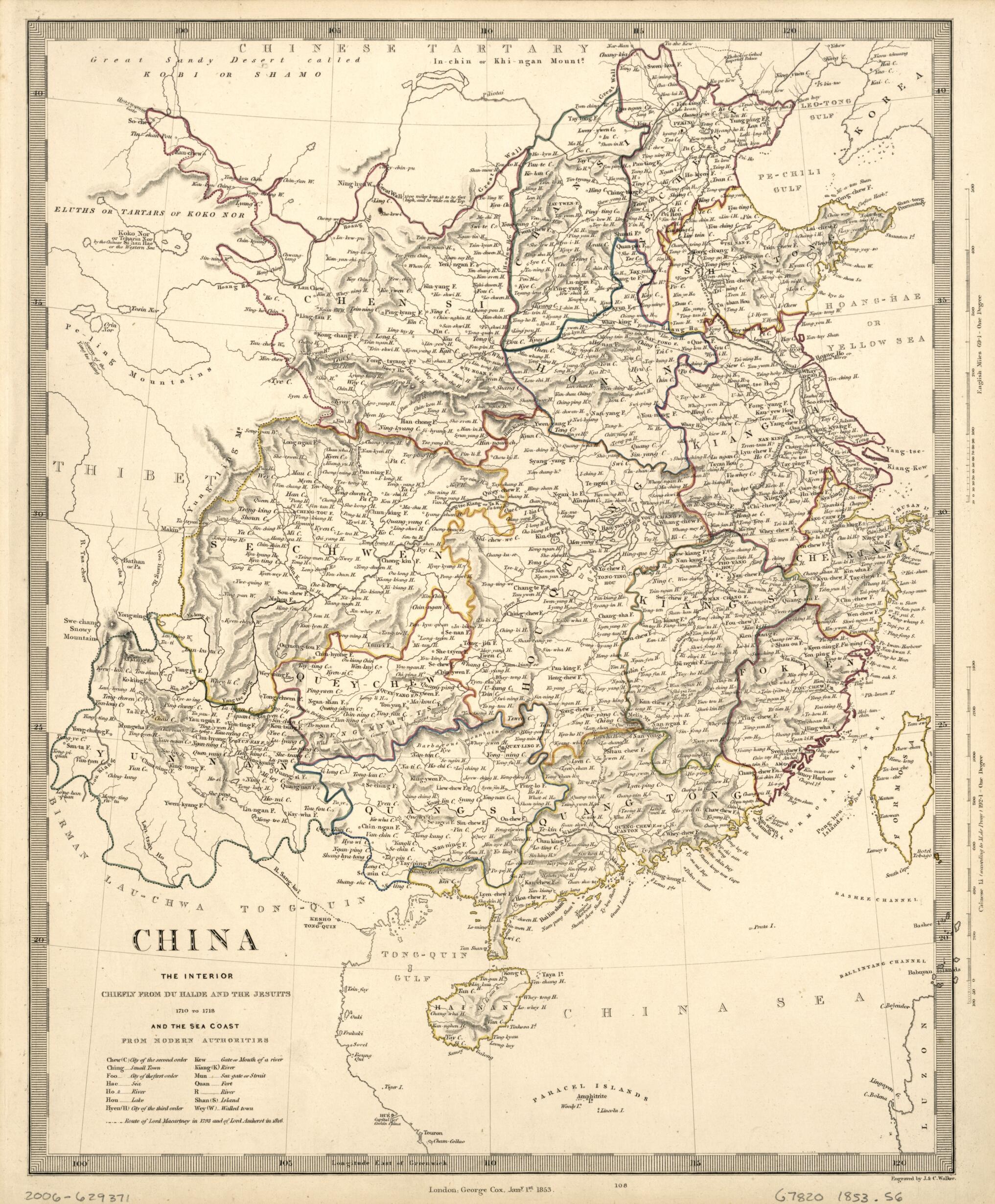 This old map of China : the Interior, Chiefly from Du Halde and the Jesuits 1710 to 1718, and the Sea Coast from Modern Authorities from 1853 was created by B. (Jean-Baptiste), J. & C. Walker (Firm), Society for the Diffusion of Useful Knowledge (Grea