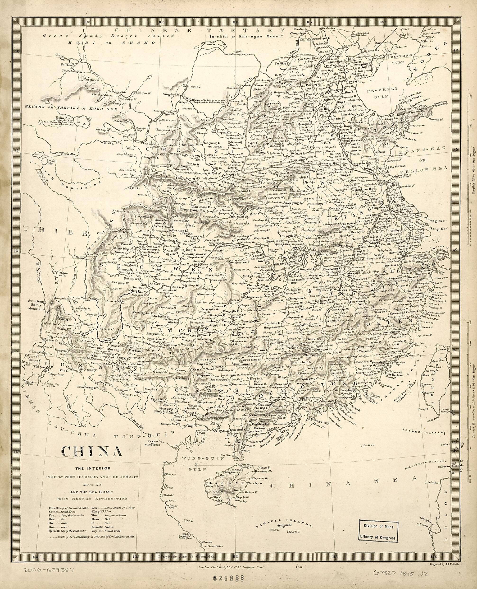 This old map of China : the Interior, Chiefly from Du Halde and the Jesuits, 1710 to 1718, and the Sea Coast from Modern Authorities from 1845 was created by B. (Jean-Baptiste), J. & C. Walker (Firm) in 1845