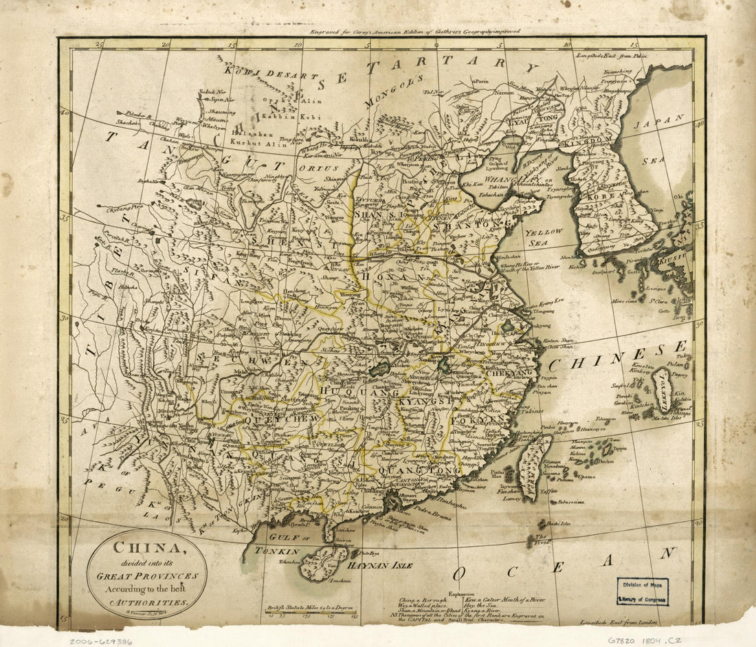 This old map of China Divided Into Its Great Provinces According to the Best Authorities from 1804 was created by Mathew Carey, Benjamin Tanner in 1804