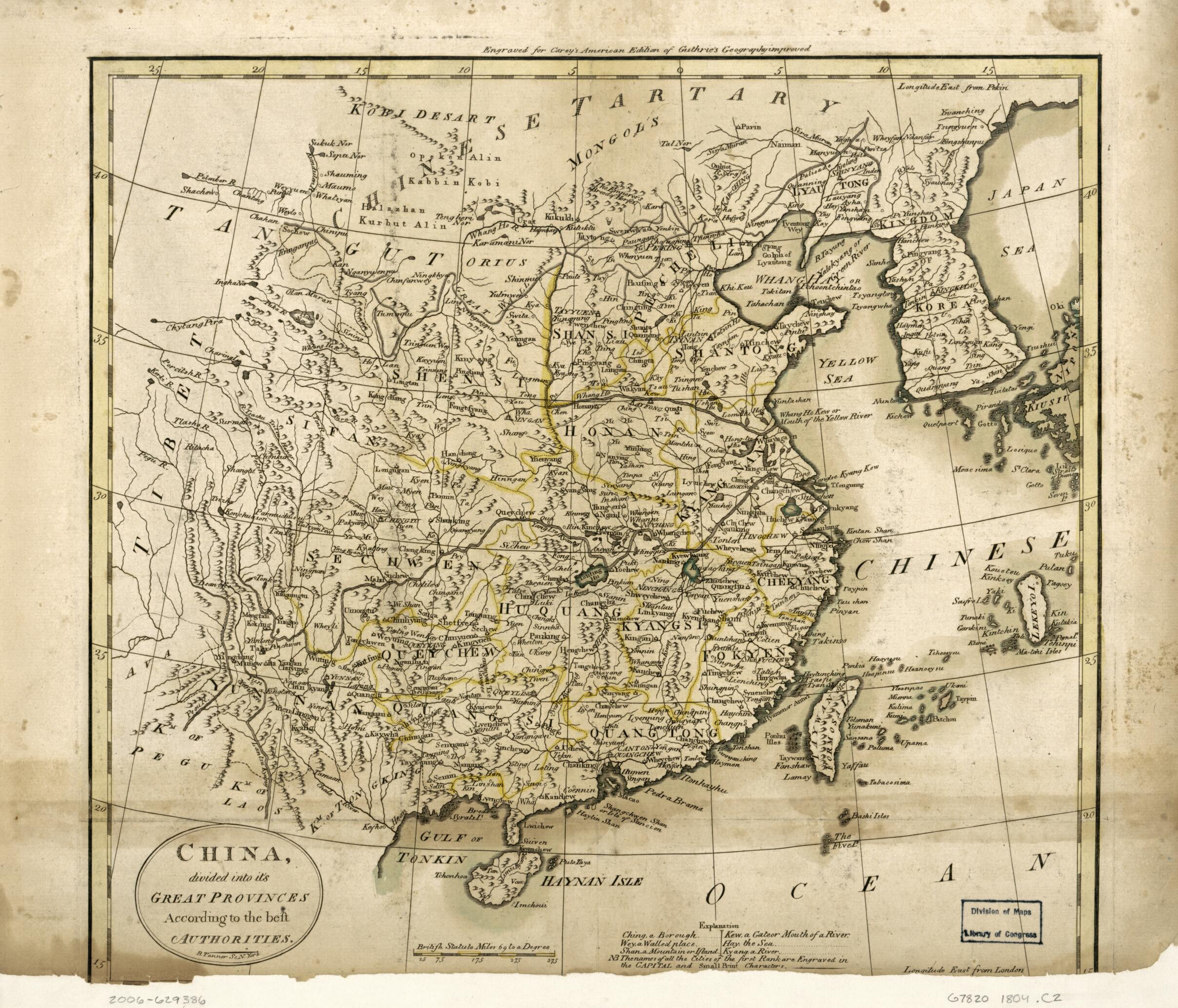 This old map of China Divided Into Its Great Provinces According to the Best Authorities from 1804 was created by Mathew Carey, Benjamin Tanner in 1804
