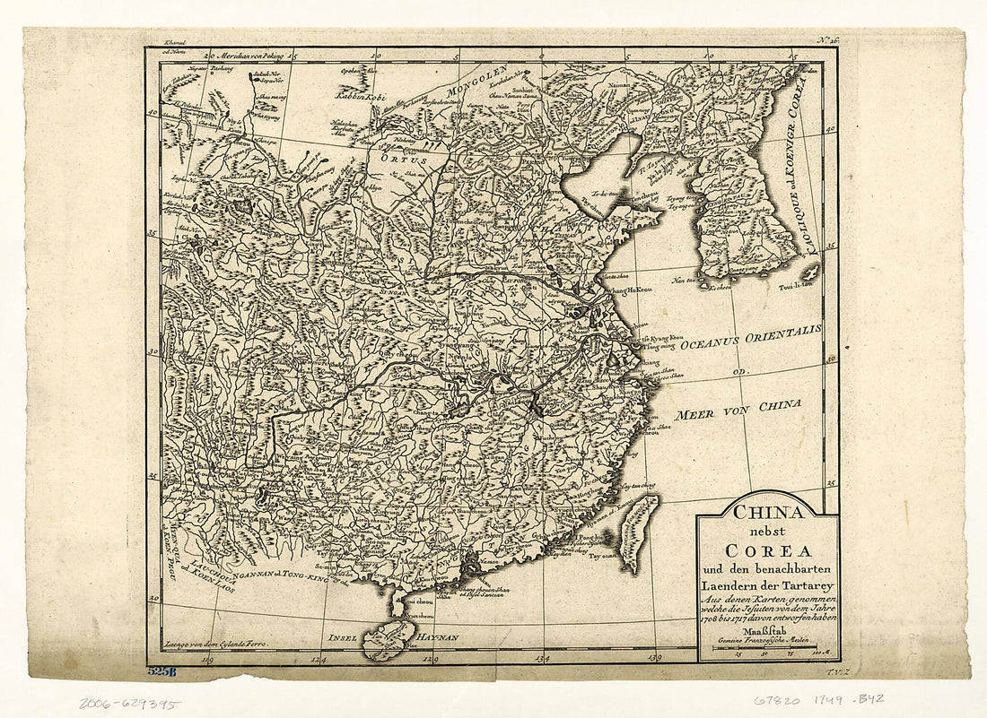This old map of China Nebst Corea Und Den Benachbarten Laendern Der Tartary Aus Denen Karten Genommen, Welche Die Jesuiten Von Dem Jahre 1708 Bis 1717 Davon Entworfen Haben from 1749 was created by Jacques Nicolas Bellin, Prévost in 1749