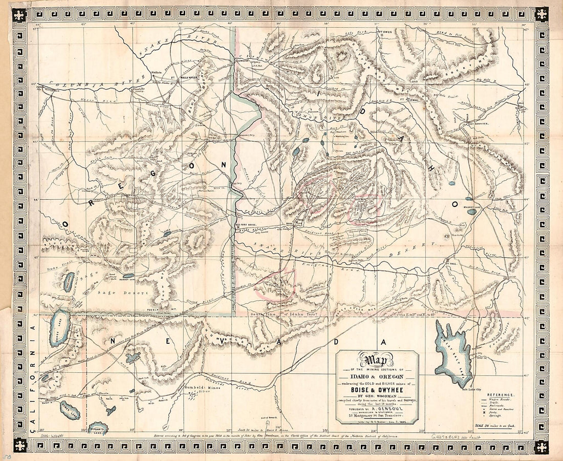 This old map of Map of the Mining Sections of Idaho & Oregon Embracing the Gold and Silver Mines of Boise & Owyhee from 1864 was created by George Woodman in 1864