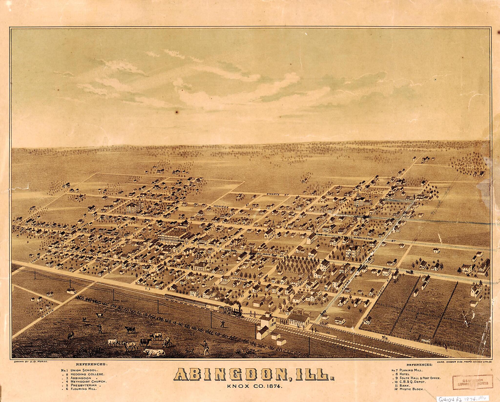 This old map of Abingdon, Ill., Knox County, from 1874 was created by D. D. Morse in 1874