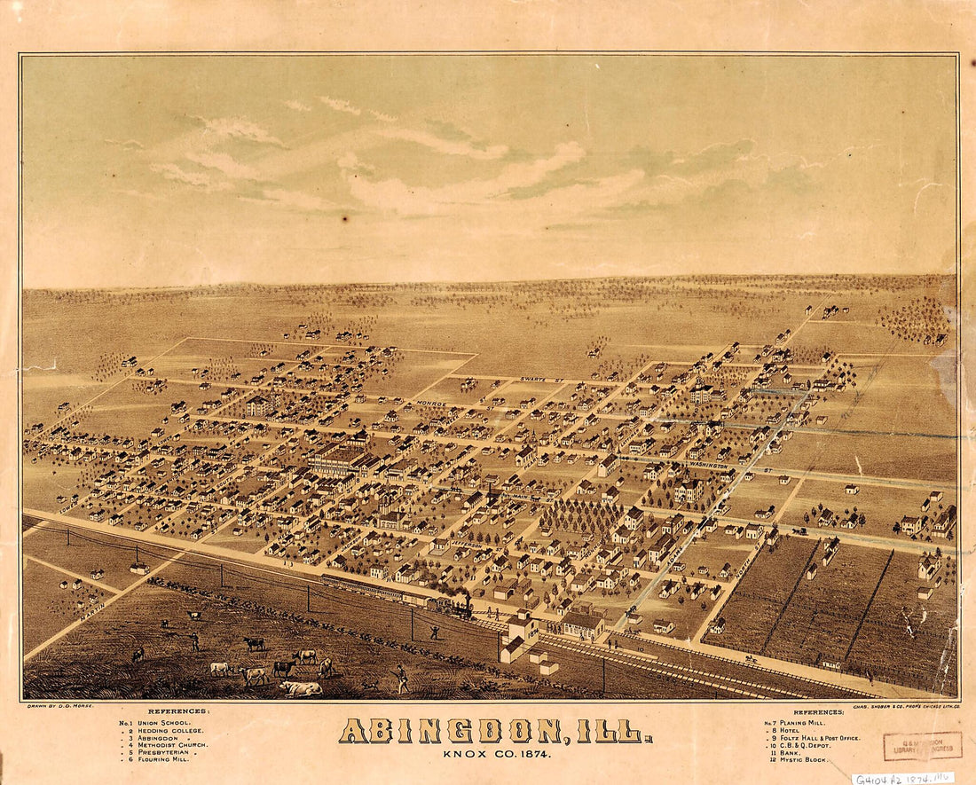 This old map of Abingdon, Ill., Knox County, from 1874 was created by D. D. Morse in 1874
