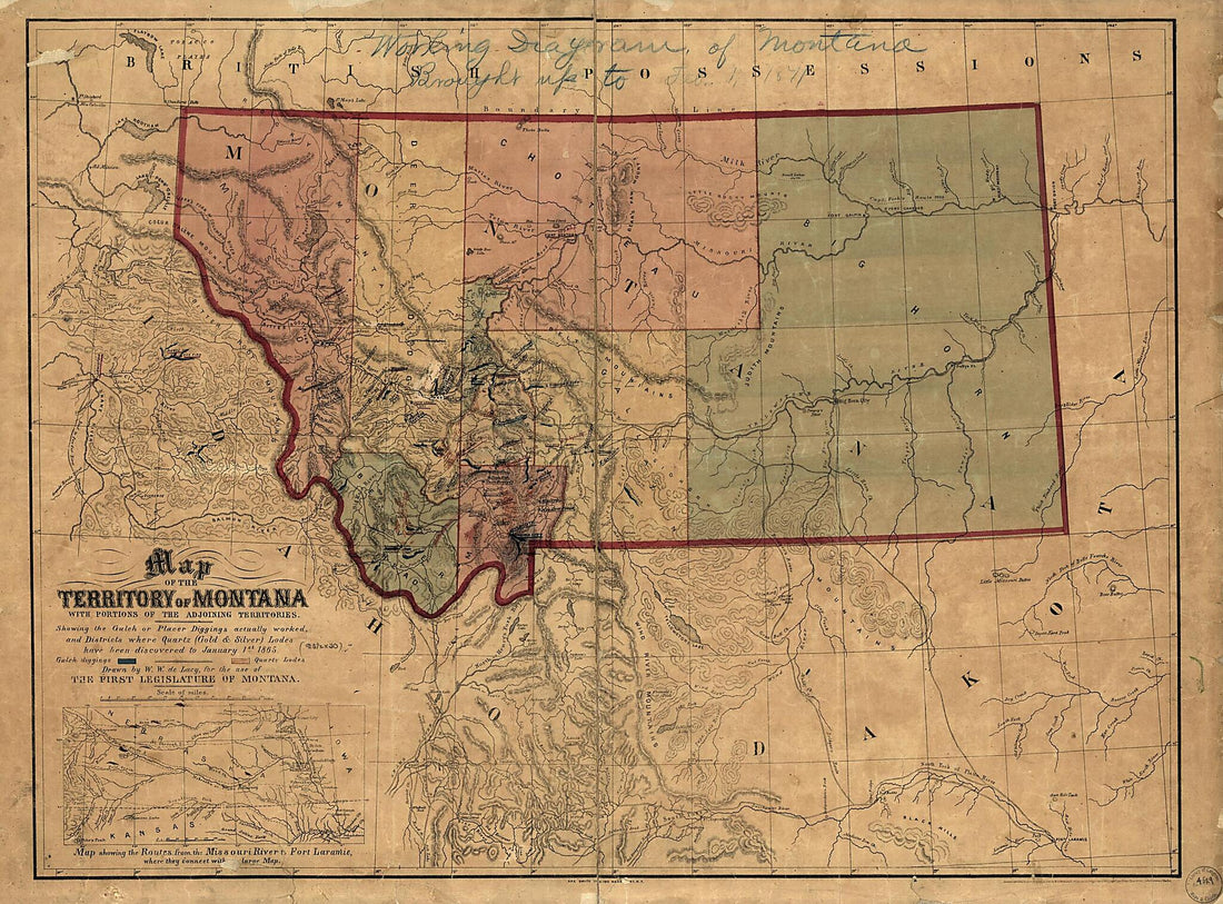 This old map of Map of the Territory of Montana With Portions of the Adjoining Territories : Showing the Gulch Or Placer Diggings Actually Worked and Districts Where Quartz (gold & Silver) Lodes Have Been Discovered to January 1st from 1865 was created b