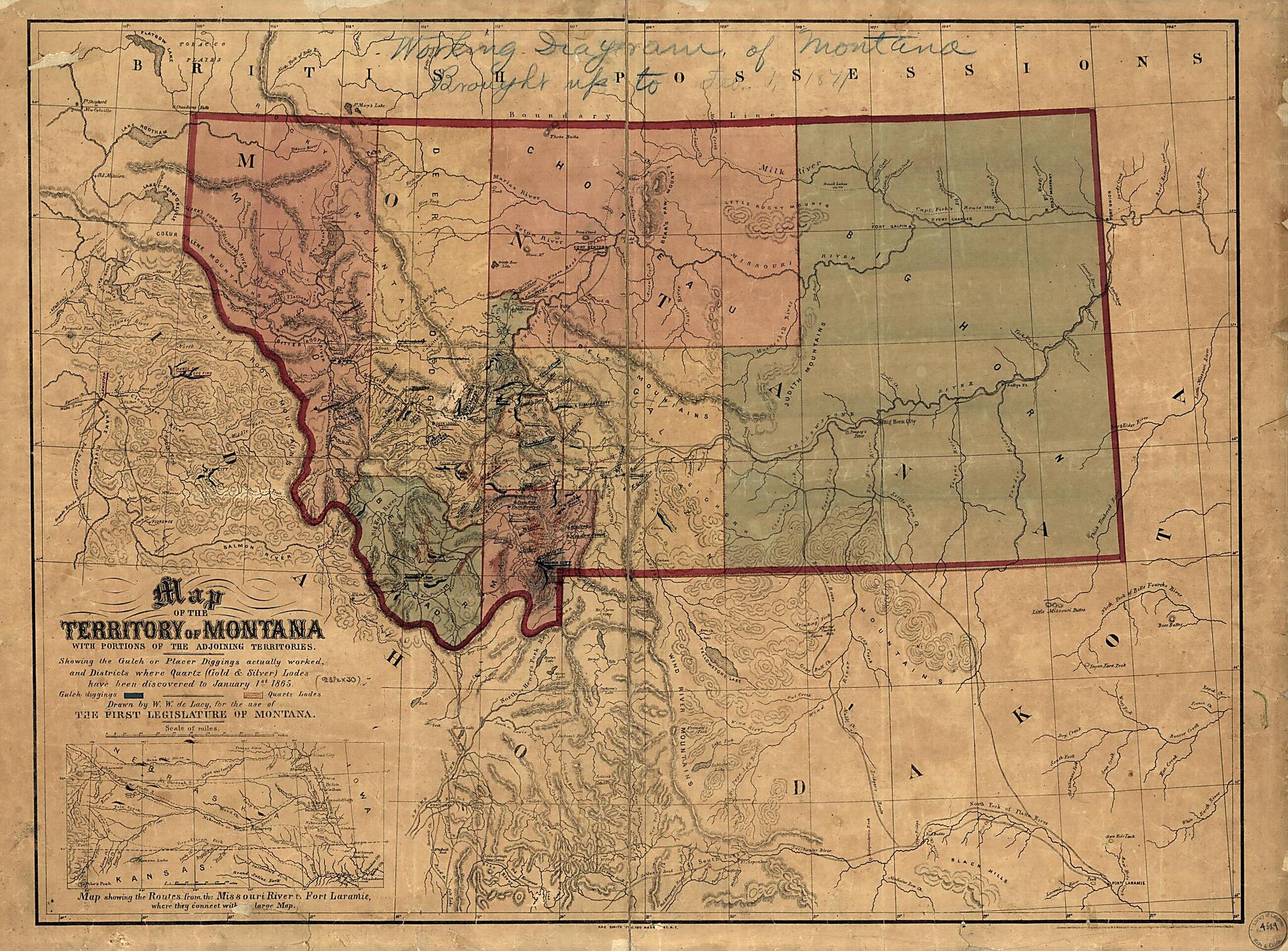 This old map of Map of the Territory of Montana With Portions of the Adjoining Territories : Showing the Gulch Or Placer Diggings Actually Worked and Districts Where Quartz (gold & Silver) Lodes Have Been Discovered to January 1st from 1865 was created b