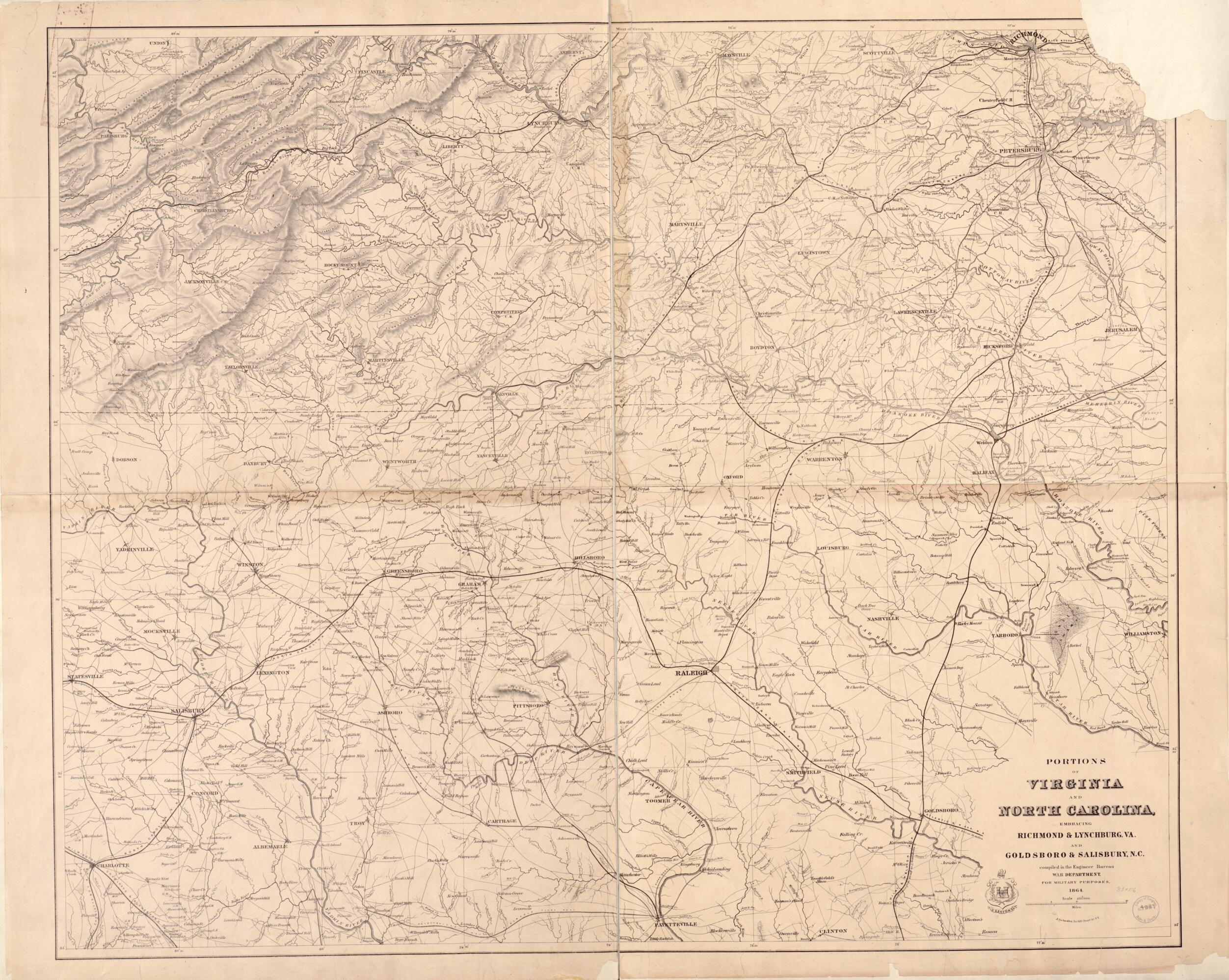 This old map of Portions of Virginia and North Carolina, Embracing Richmond & Lynchburg, Va. and Goldsboro & Salisbury, N.C from 1864 was created by United States. War Department. Engineer Bureau in 1864