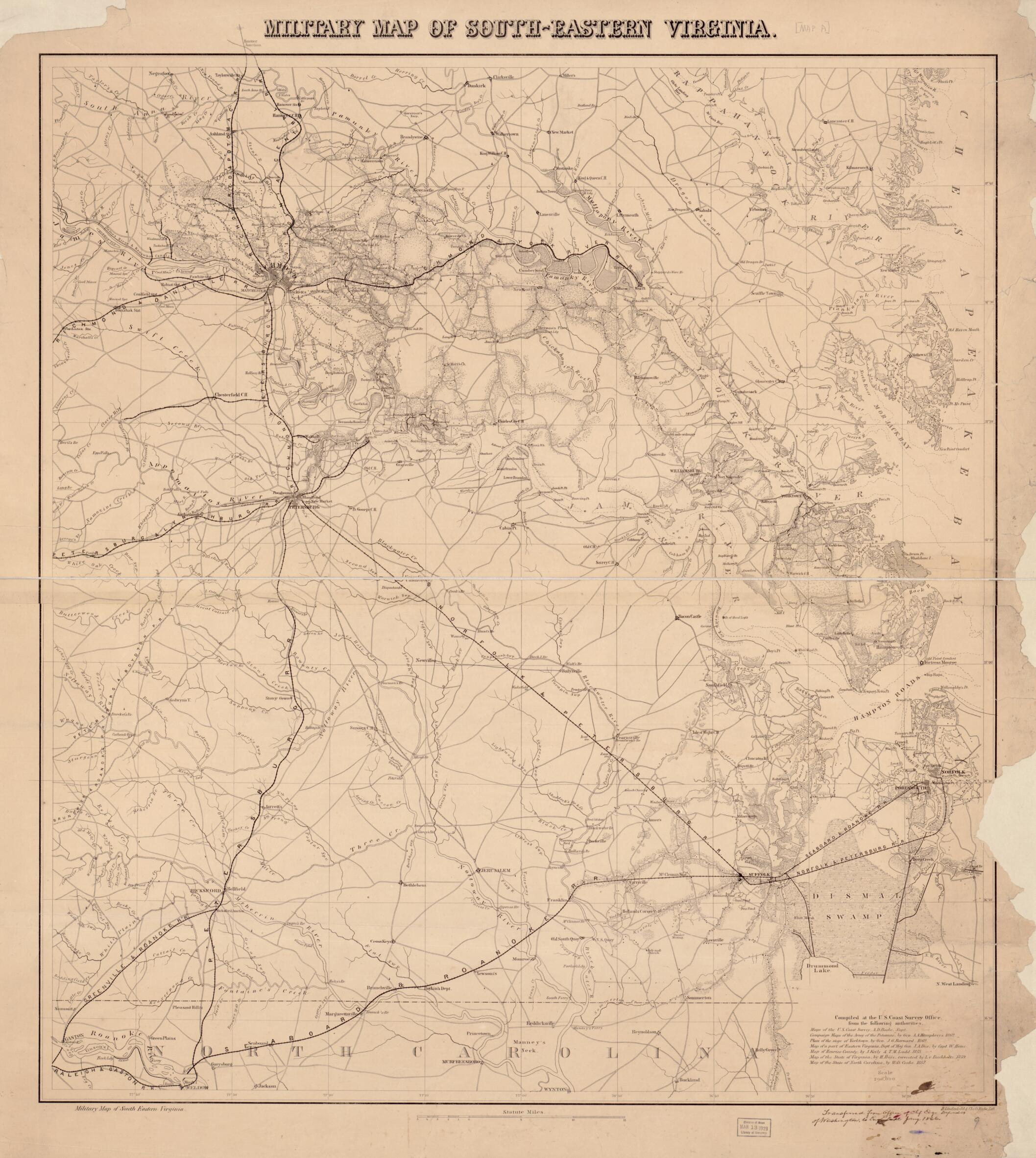 This old map of Eastern Virginia from 1862 was created by Charles G. Krebs, H. (Henry) Lindenkohl, United States Coast Survey in 1862