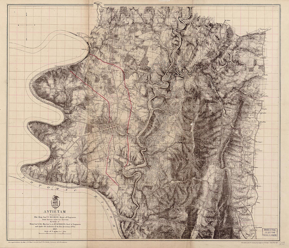 This old map of Antietam from 1867 was created by N. (Nathaniel) Michler, J. E. Weyss in 1867