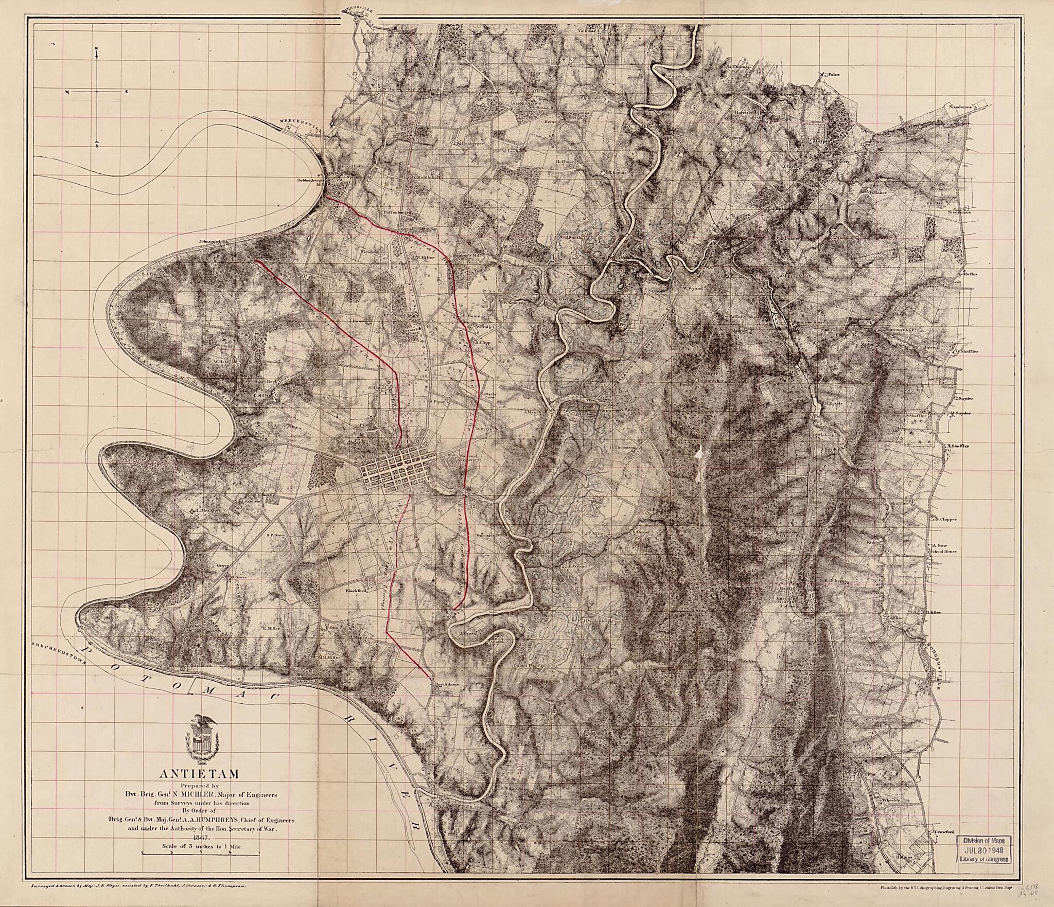 This old map of Antietam from 1867 was created by N. (Nathaniel) Michler, J. E. Weyss in 1867