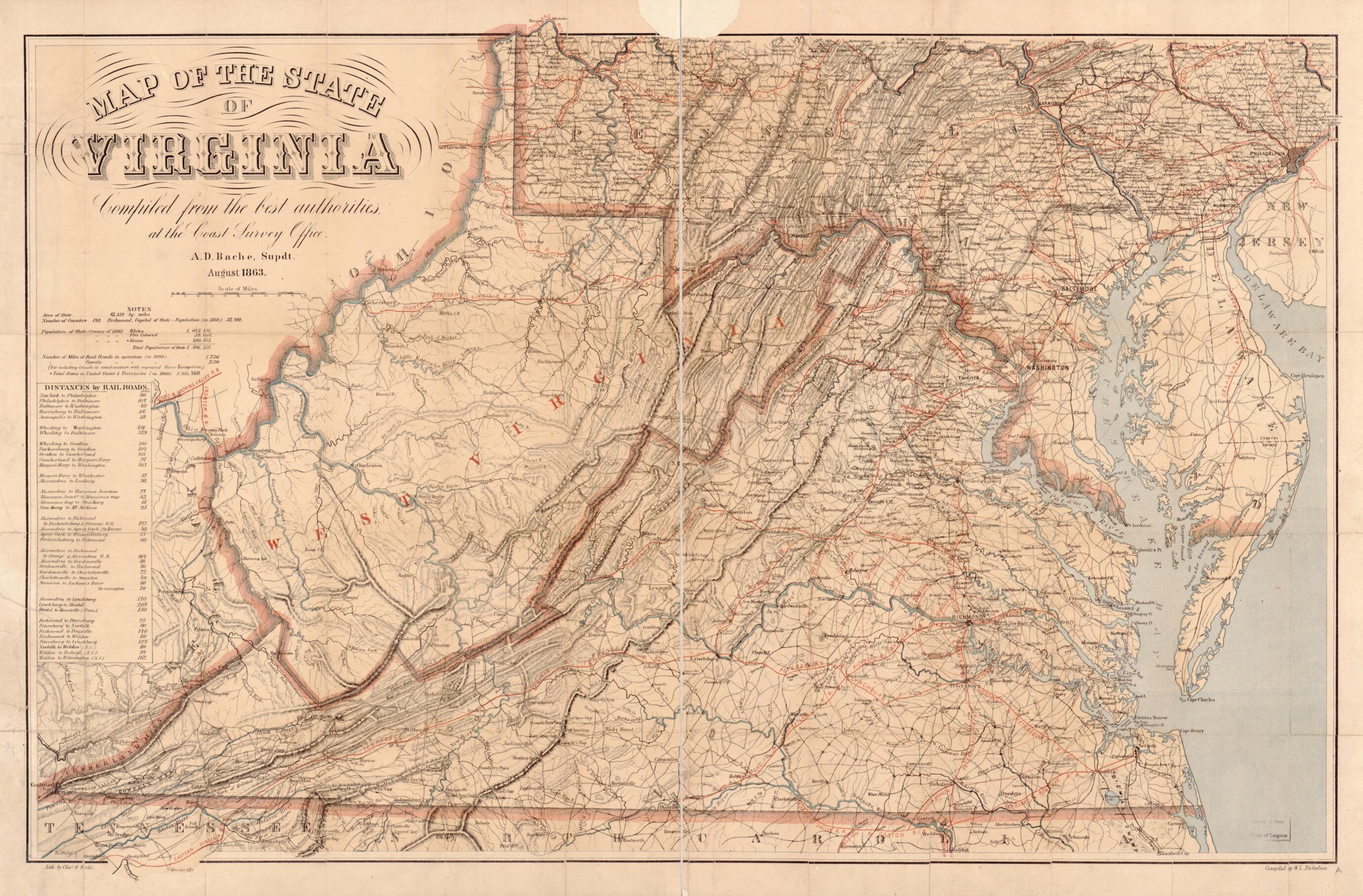 This old map of Map of the State of Virginia from 1863 was created by Charles G. Krebs, W. L. Nicholson in 1863