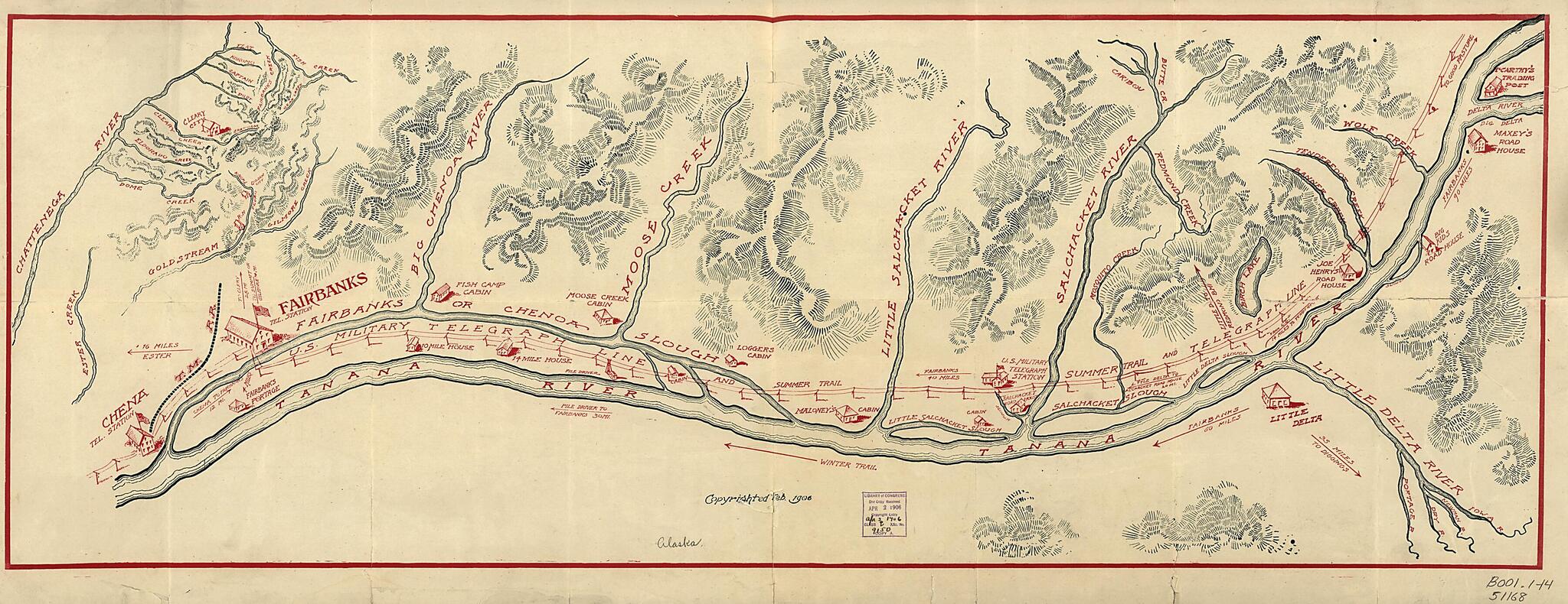 This old map of Fairbanks Alaska Region Showing U.S. Military Telegraph Line from 1906 was created by in 1906
