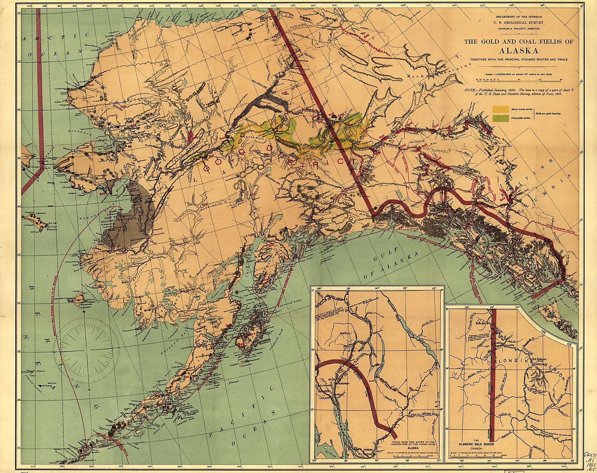 This old map of The Gold and Coal Fields of Alaska : Together With the Principal Steamer Routes and Trails from 1898 was created by Geological Survey (U.S.) in 1898