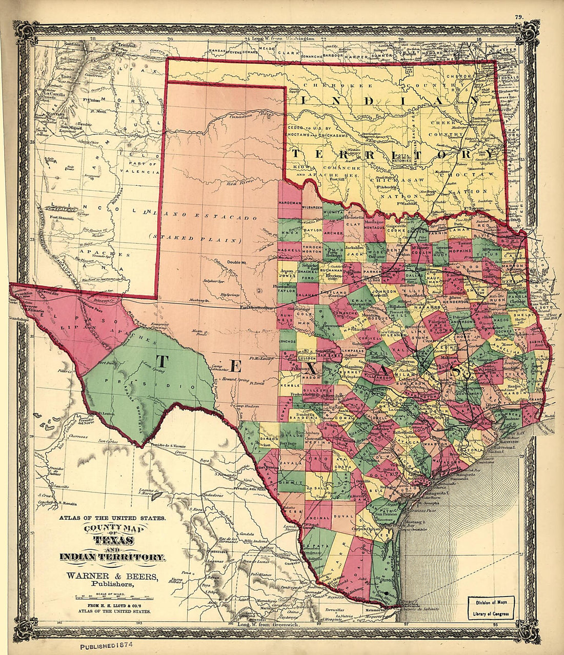 This old map of County Map of Texas, and Indian Territory from 1875 was created by H.H. Lloyd & Co, Warner & Beers in 1875