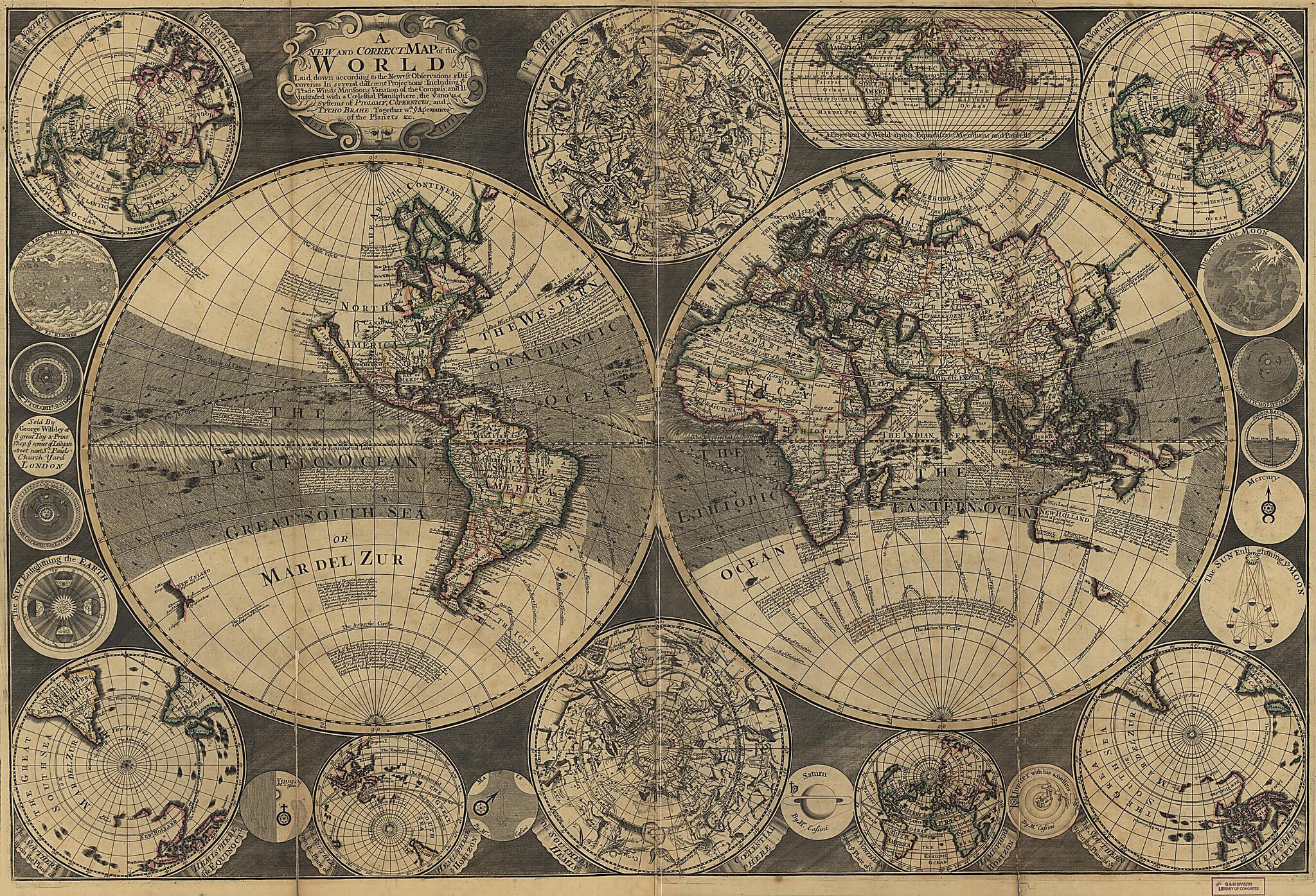 This old map of A New and Correct Map of the World : Laid Down According to the Newest Observations & Discoveries In Several Different Projections Including the Trade Winds, Monsoons, Variation of the Compass, and Illustrated With a Coelestial Planispher