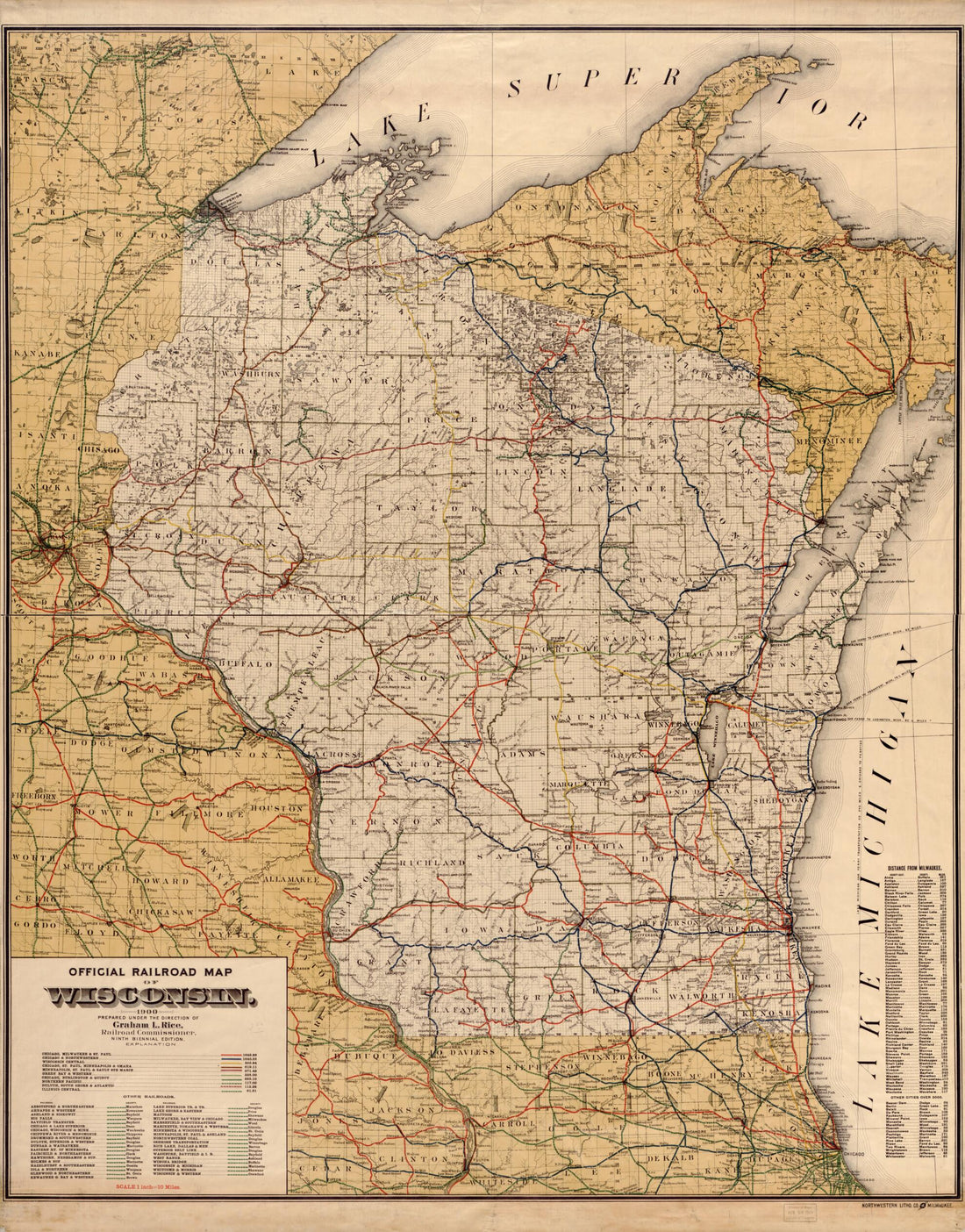 This old map of Official Railroad Map of Wisconsin, from 1900 was created by Railroad Commission of Wisconsin, Graham L. Rice in 1900