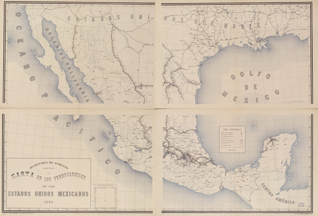 This old map of Carta De Los Ferrocarriles De Los Estados Unidos Mexicanos, from 1890 was created by Mexico. Secretaría De Fomento, Mexico. Secretaría De Fomento. Sección Tercera in 1890