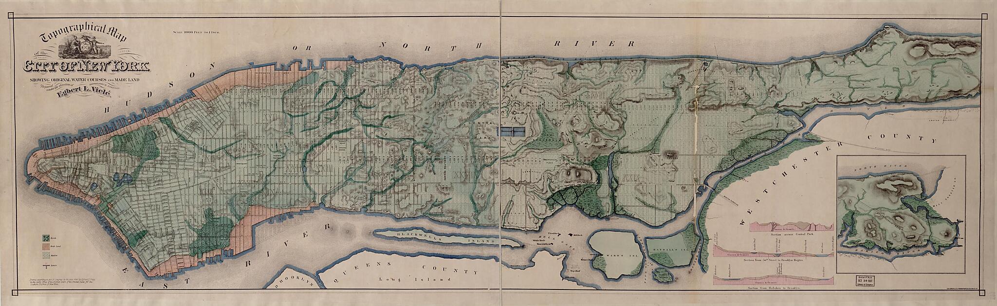 This old map of Topographical Map of the City of New York : Showing Original Water Courses and Made Land (City of New York) from 1865 was created by Ferd. Mayer & Co, Egbert L. (Egbert Ludovicus) Viele in 1865