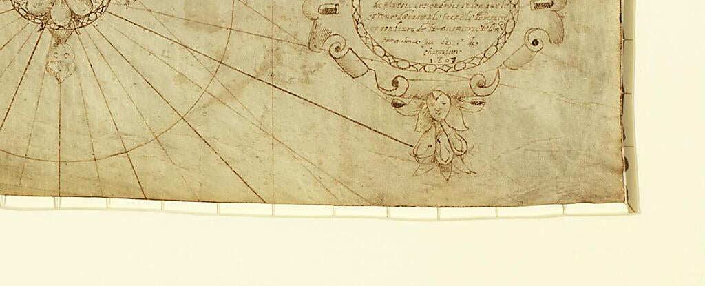 This old map of Descripsion Des Costs, Pts., Rades, Illes De La Nouuele France Faict Selon Son Vray Méridien : Avec La Déclinaison De La Ment De Plussieurs Endrois Selon Que Le Sieur De Castes Le Franc Le Démontre En Son Liure De La Mécométrie De L&