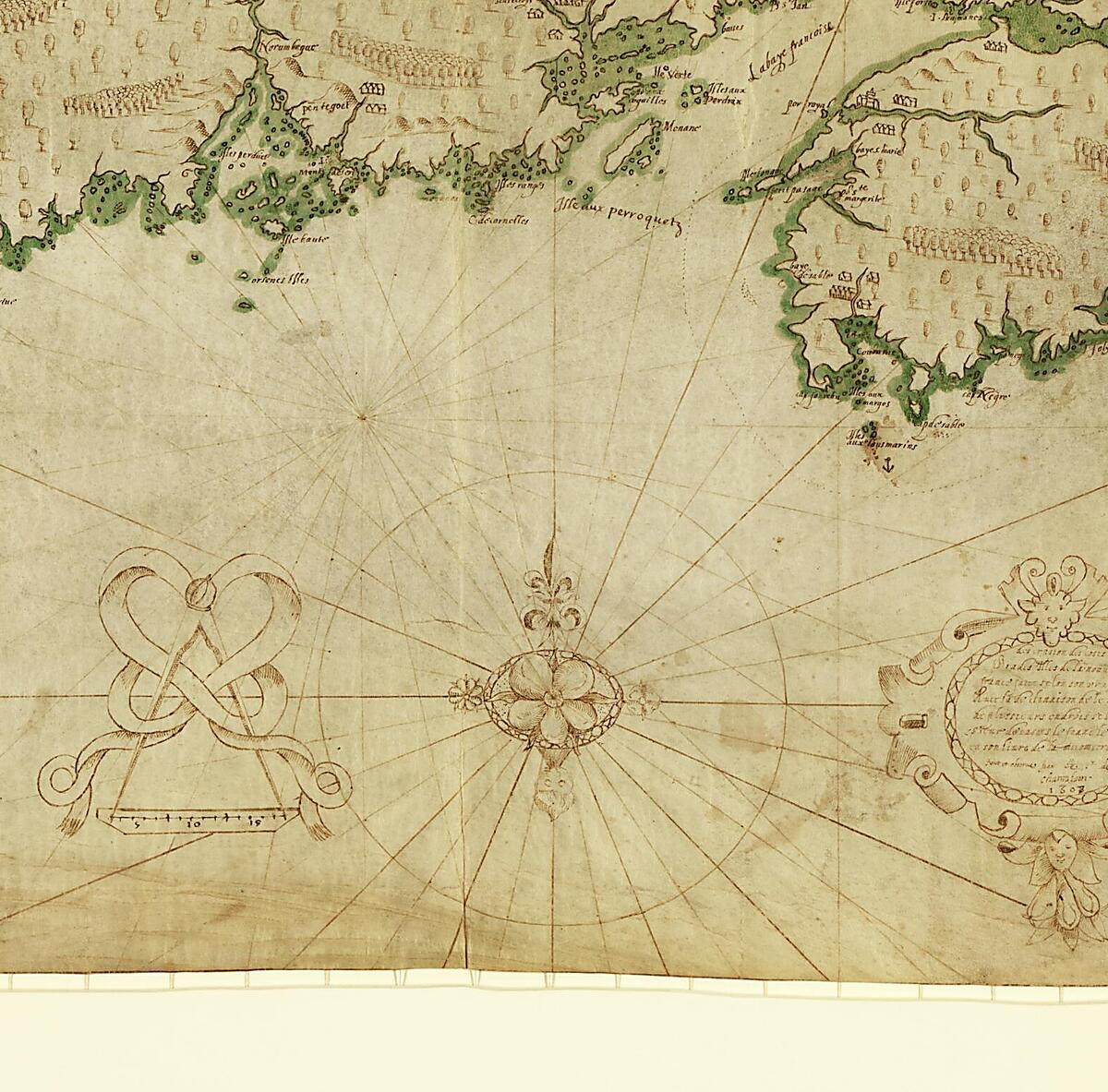 This old map of Descripsion Des Costs, Pts., Rades, Illes De La Nouuele France Faict Selon Son Vray Méridien : Avec La Déclinaison De La Ment De Plussieurs Endrois Selon Que Le Sieur De Castes Le Franc Le Démontre En Son Liure De La Mécométrie De L&