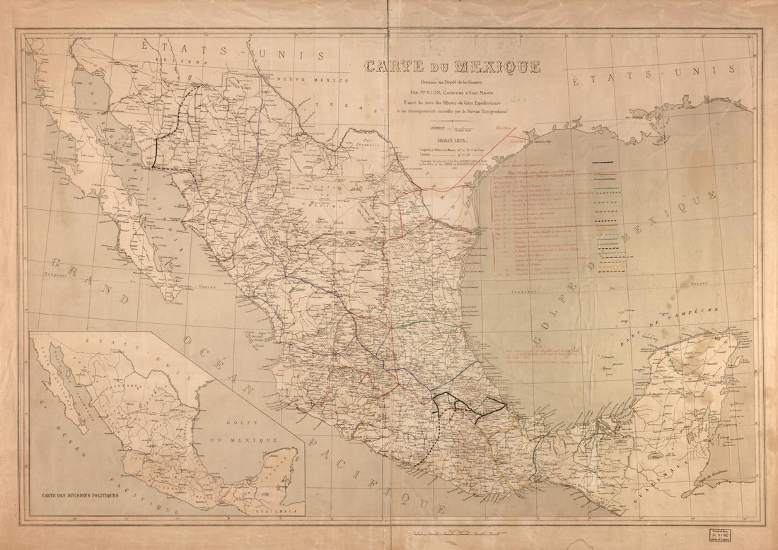 This old map of Carte Du Mexique from 1881 was created by G. (Gustave) Niox, United States. War Department. Office of the Chief of Engineers in 1881