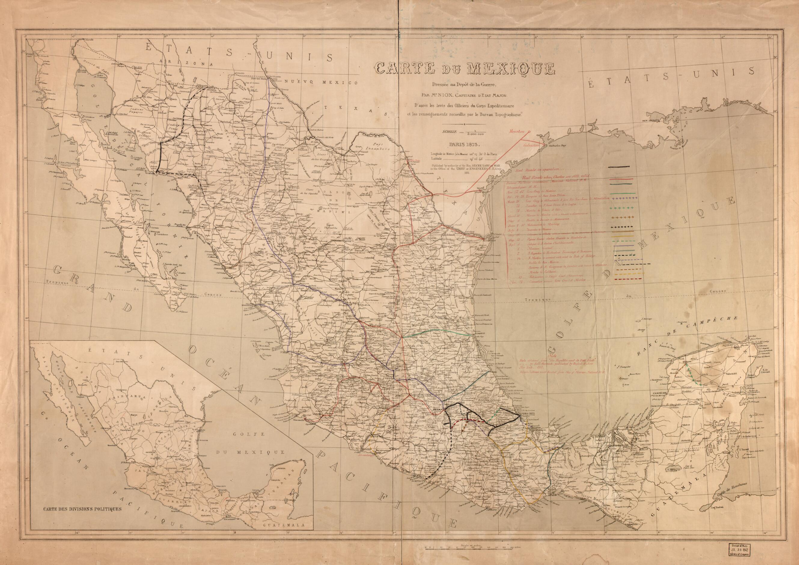 This old map of Carte Du Mexique from 1881 was created by G. (Gustave) Niox, United States. War Department. Office of the Chief of Engineers in 1881