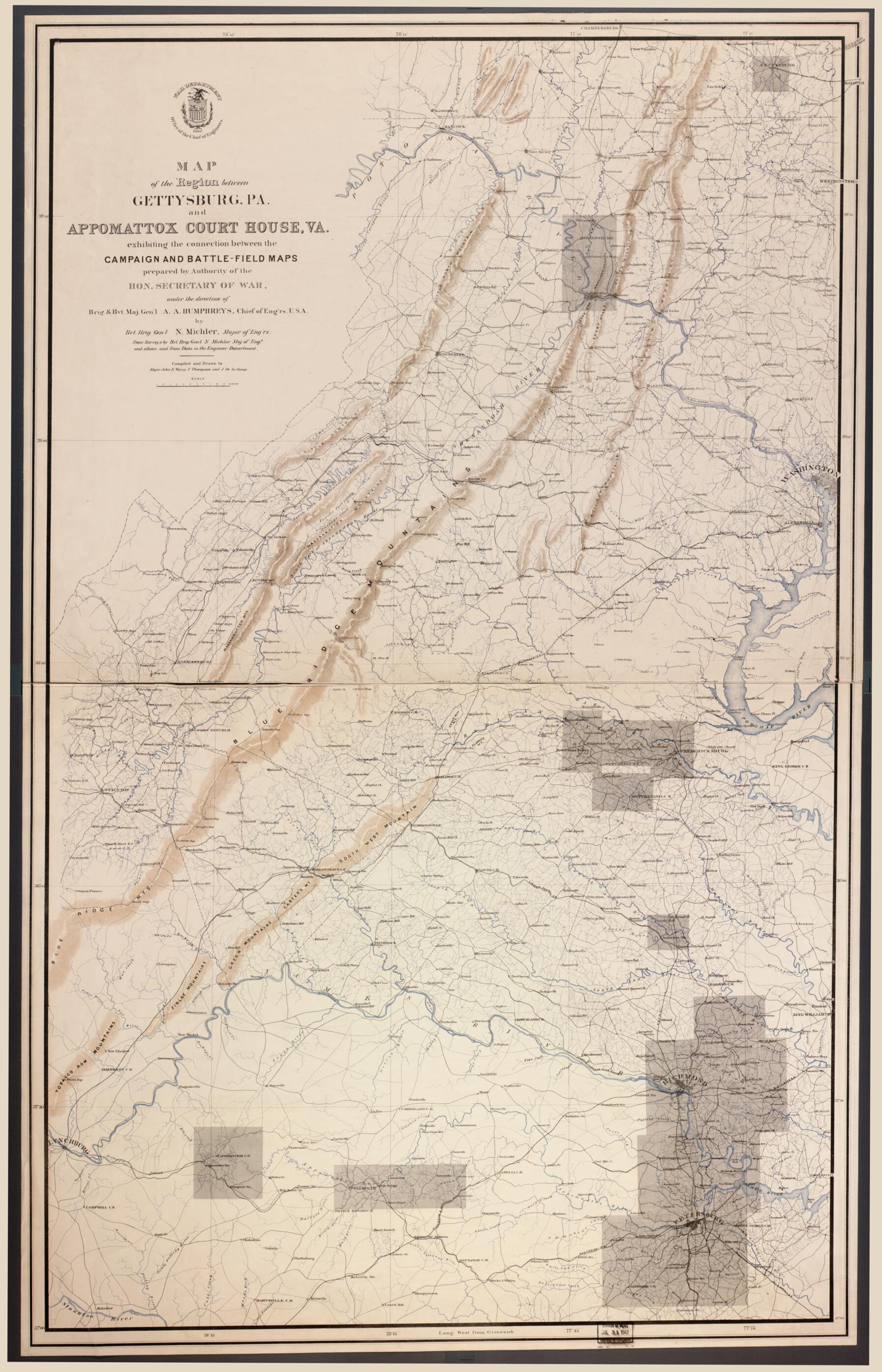 This old map of Field Maps from 1869 was created by J. (John) De La Camp, N. (Nathaniel) Michler, Gilbert Thompson, United States. Army. Corps of Engineers, J. E. Weyss in 1869