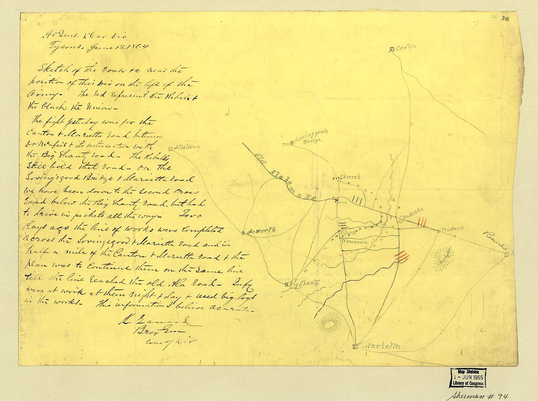 This old map of Sketch of the Roads &c Near the Position of This Div. On the Left of the Army : north of Marietta, Georgia. (Sketch of the Roads Etc. Near the Position of This Div. On the Left of the Army) from 1864 was created by K. (Kenner) Garrard in